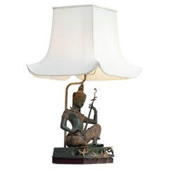1970s Asian Vintage Table Lamp with Bronze / Gild Statue of Phra Aphai Mani
