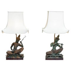 Lampes de table asiatiques vintage des années 1970 avec statues en bronze et dorure de Phra Aphai Mani