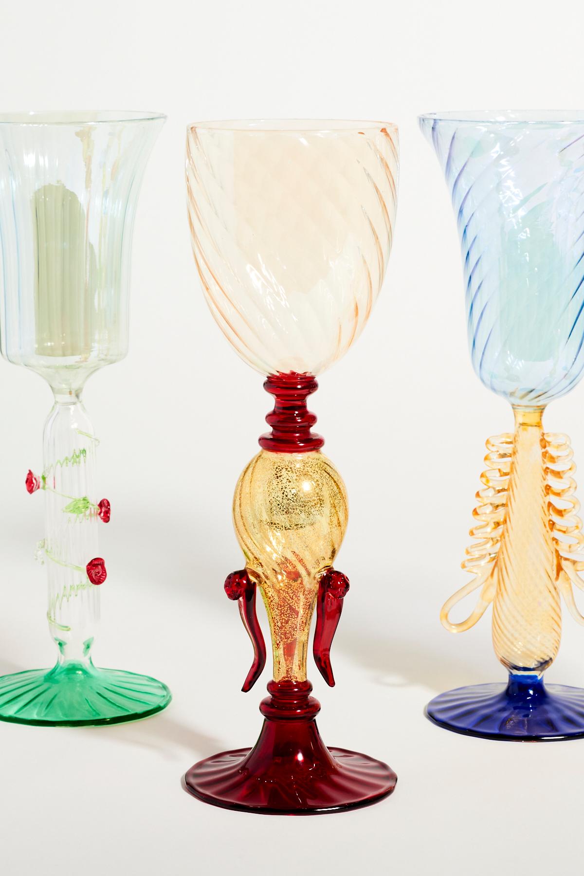 Italian 1970s Assorted Vintage Venetian Blown Glass Goblets Set of Six
