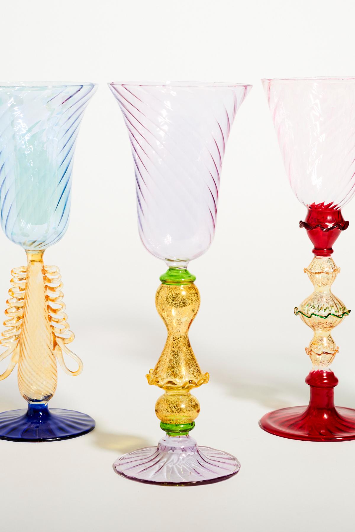1970s Assorted Vintage Venetian Blown Glass Goblets Set of Six In Good Condition In New York, NY