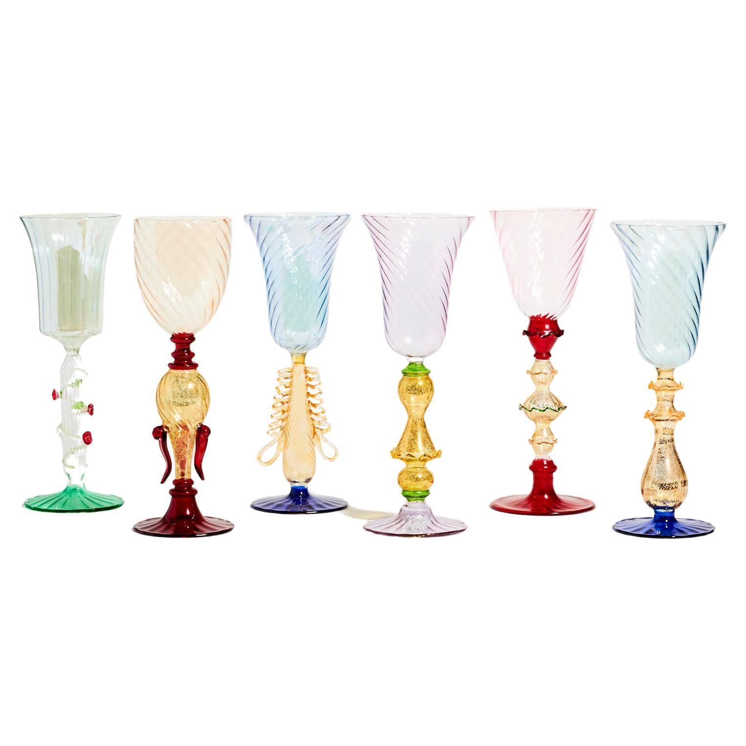 1970s Assorted Vintage Venetian Blown Glass Goblets Set of Six