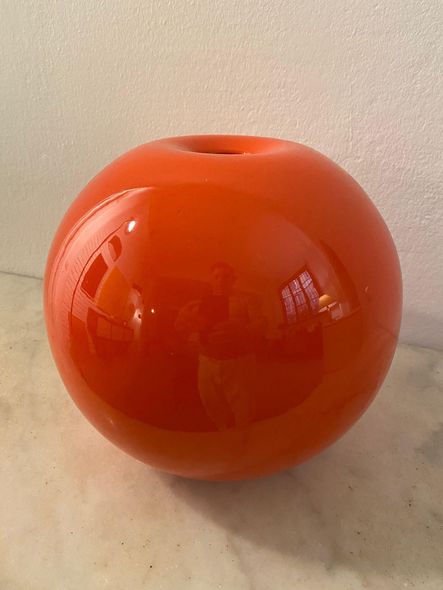 European 1970s Astonishing Space Age Orange Vase in Ceramic by Gabbianelli, Made in Italy