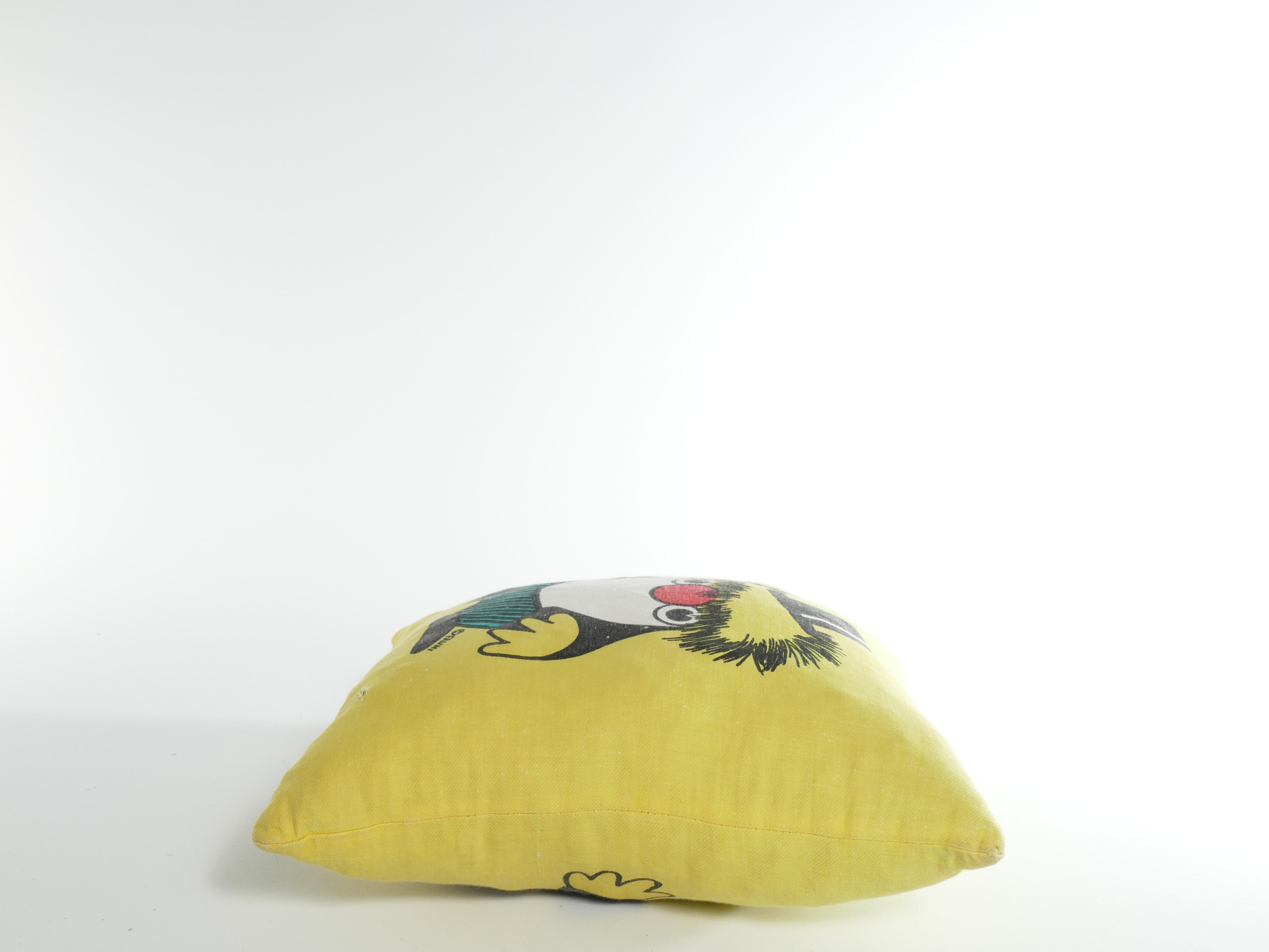 Finnish 1970’s Atelier Fauni Yellow  Pillow Depicting Mr Edward the Business Troll  For Sale