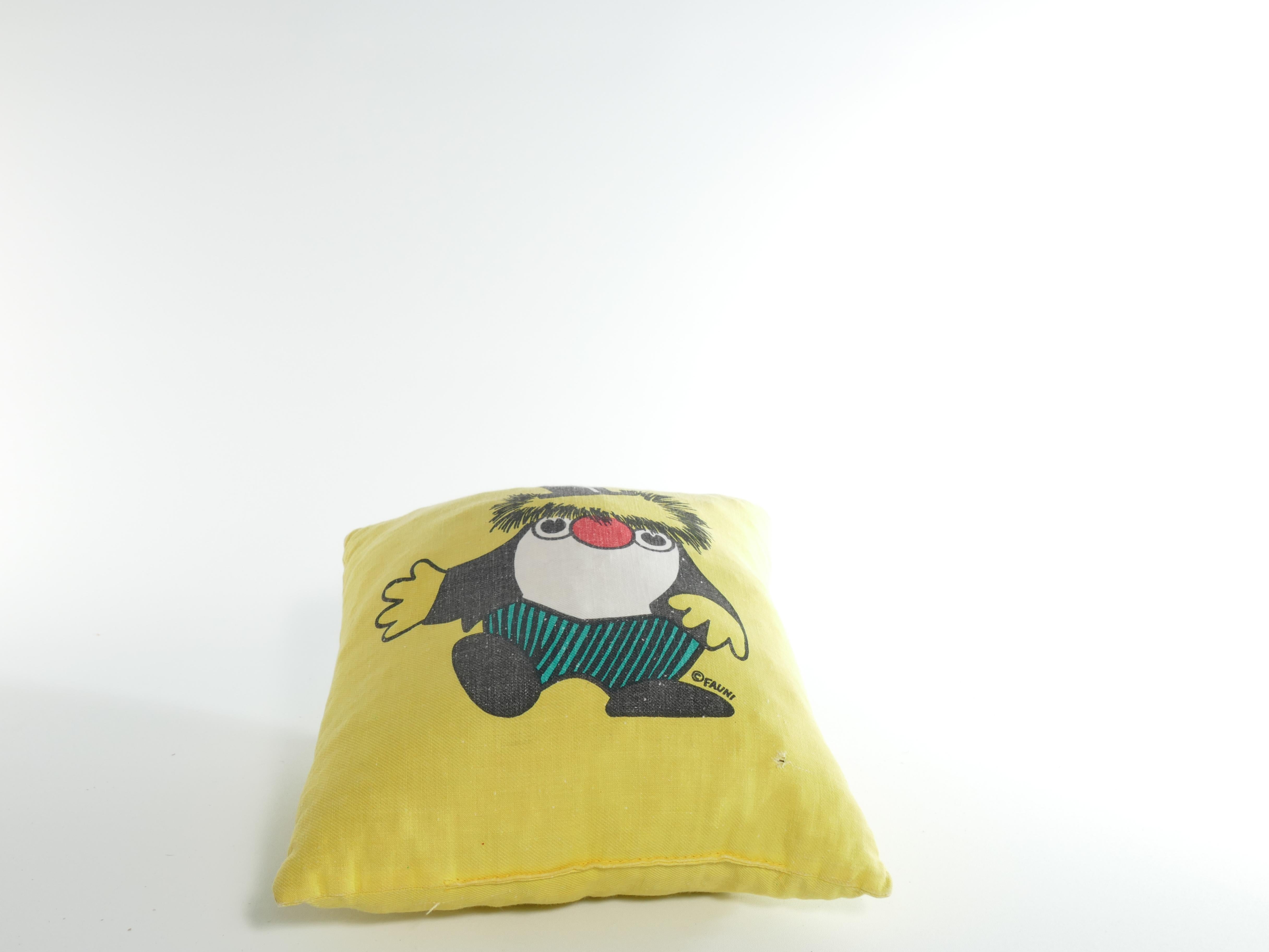 Cotton 1970’s Atelier Fauni Yellow  Pillow Depicting Mr Edward the Business Troll  For Sale