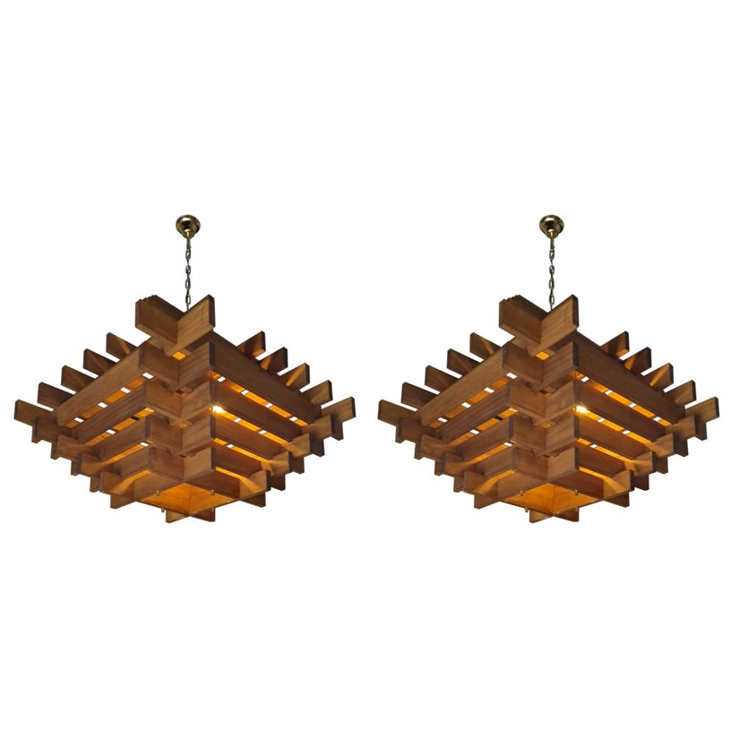1970s attribute to Carlo Scarpa Wooden Geometric Chandelier