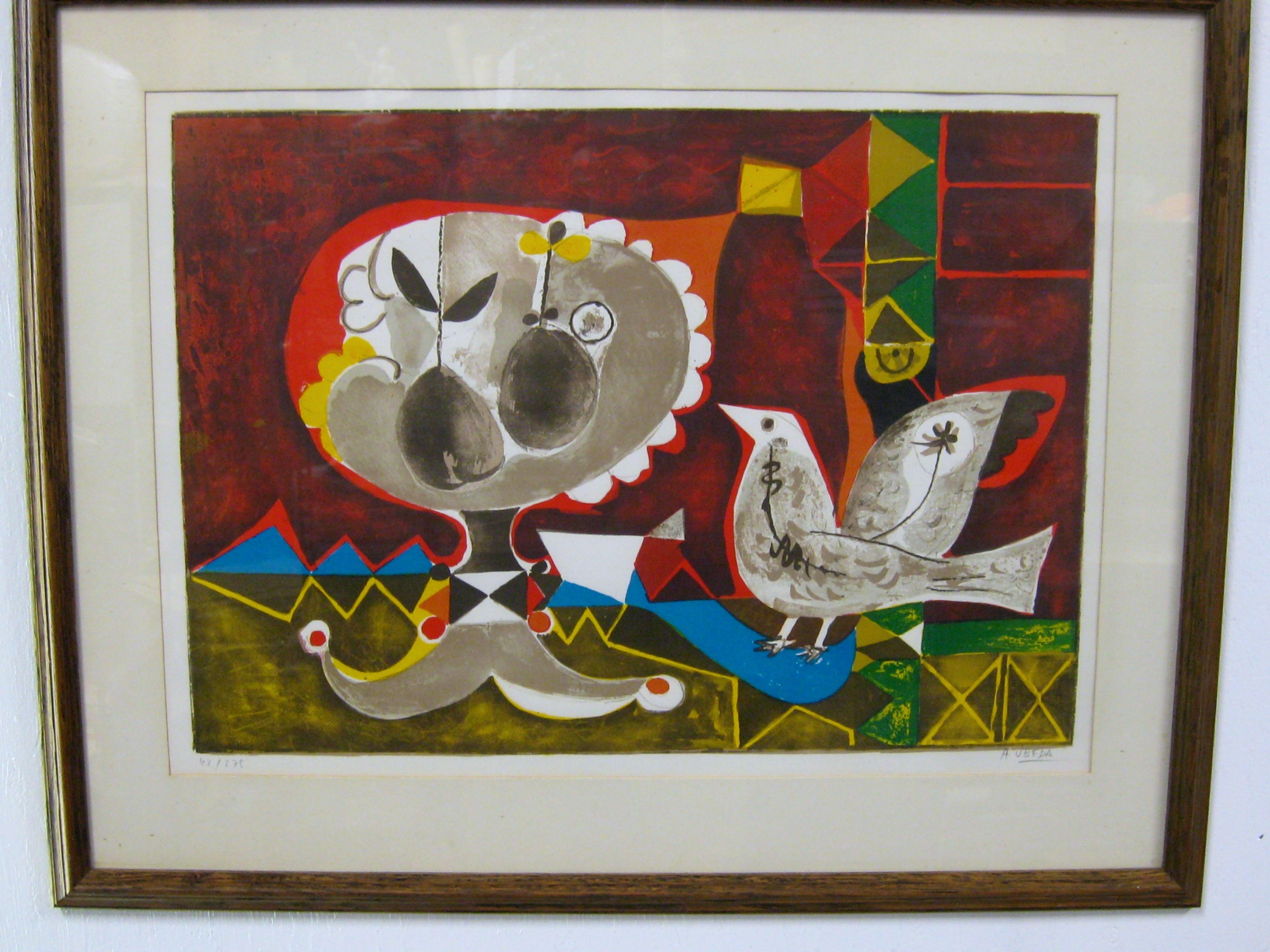Magnifique lithographie fantaisiste signée et numérotée à la main par l'artiste espagnol Augustin Ubeda, vers les années 1970. La lithographie représente un oiseau coloré et un fruit. Couleurs vibrantes. Les œuvres ont été vendues par