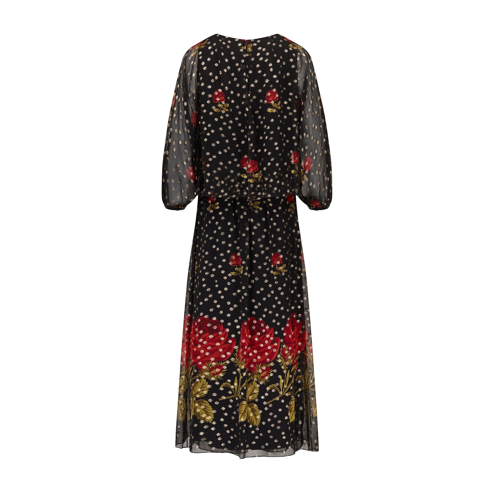 1970s Aurora Ruffolo Vestido con estampado de rosas de lurex negro y dorado Negro en venta