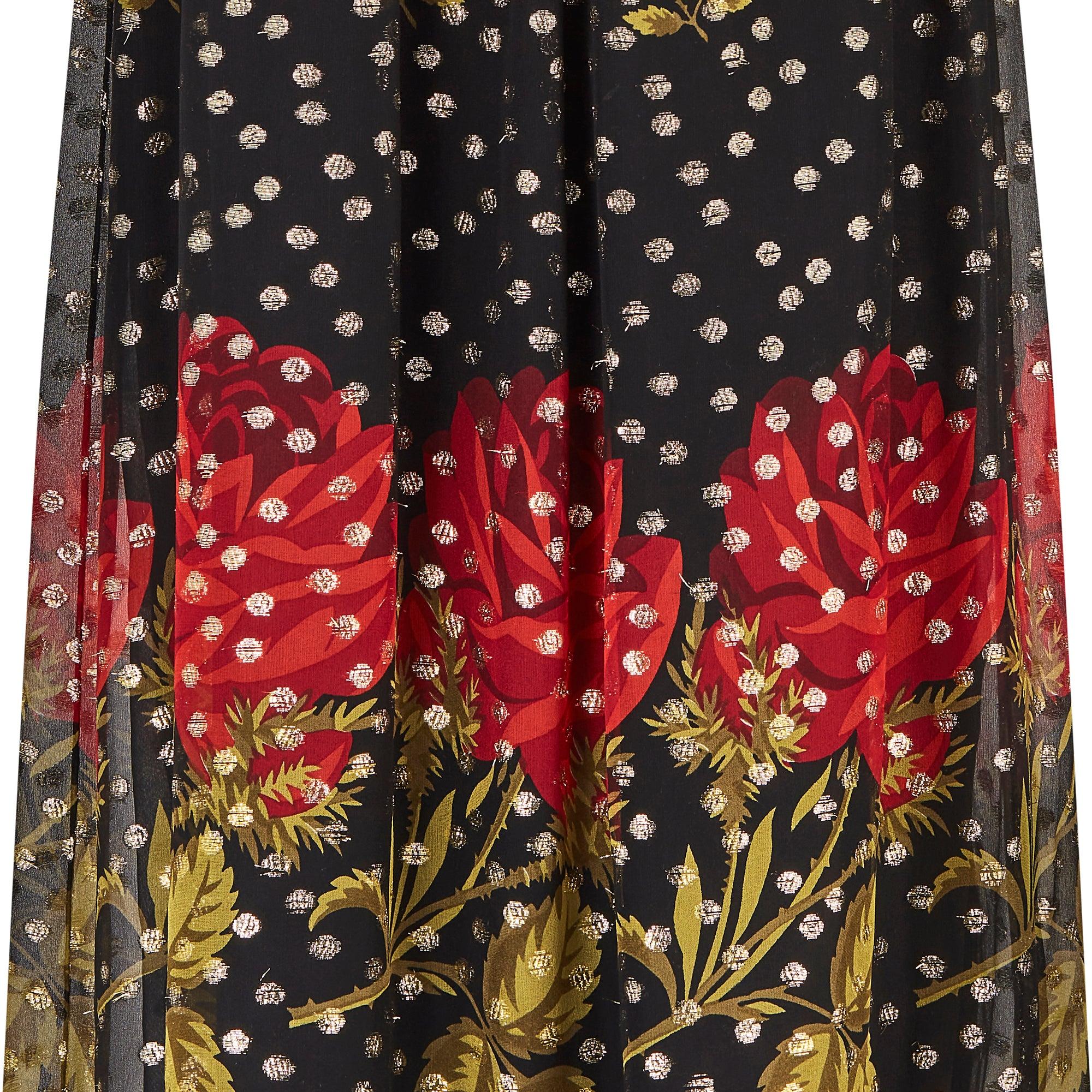 1970s Aurora Ruffolo Vestido con estampado de rosas de lurex negro y dorado en Excelente estado para la venta en London, GB