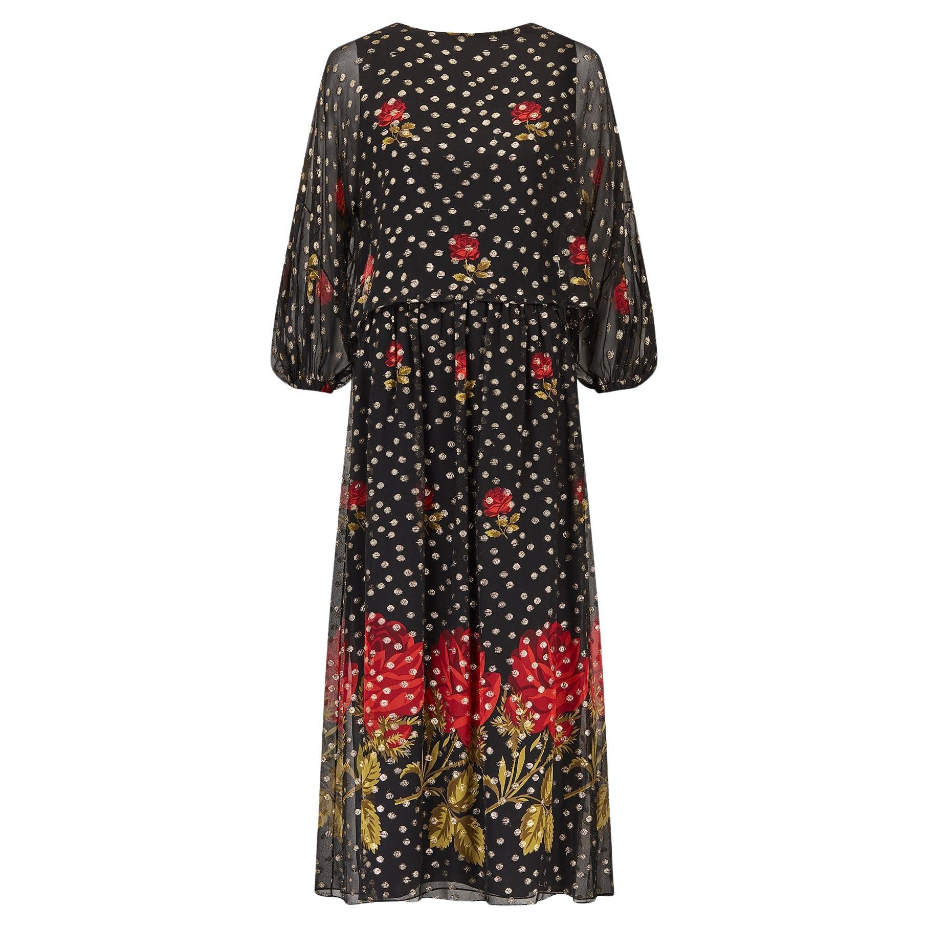 1970s Aurora Ruffolo Vestido con estampado de rosas de lurex negro y dorado en venta
