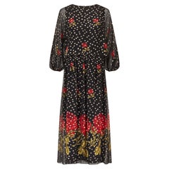 1970s Aurora Ruffolo Black and Gold Lurex Rose Print Dress