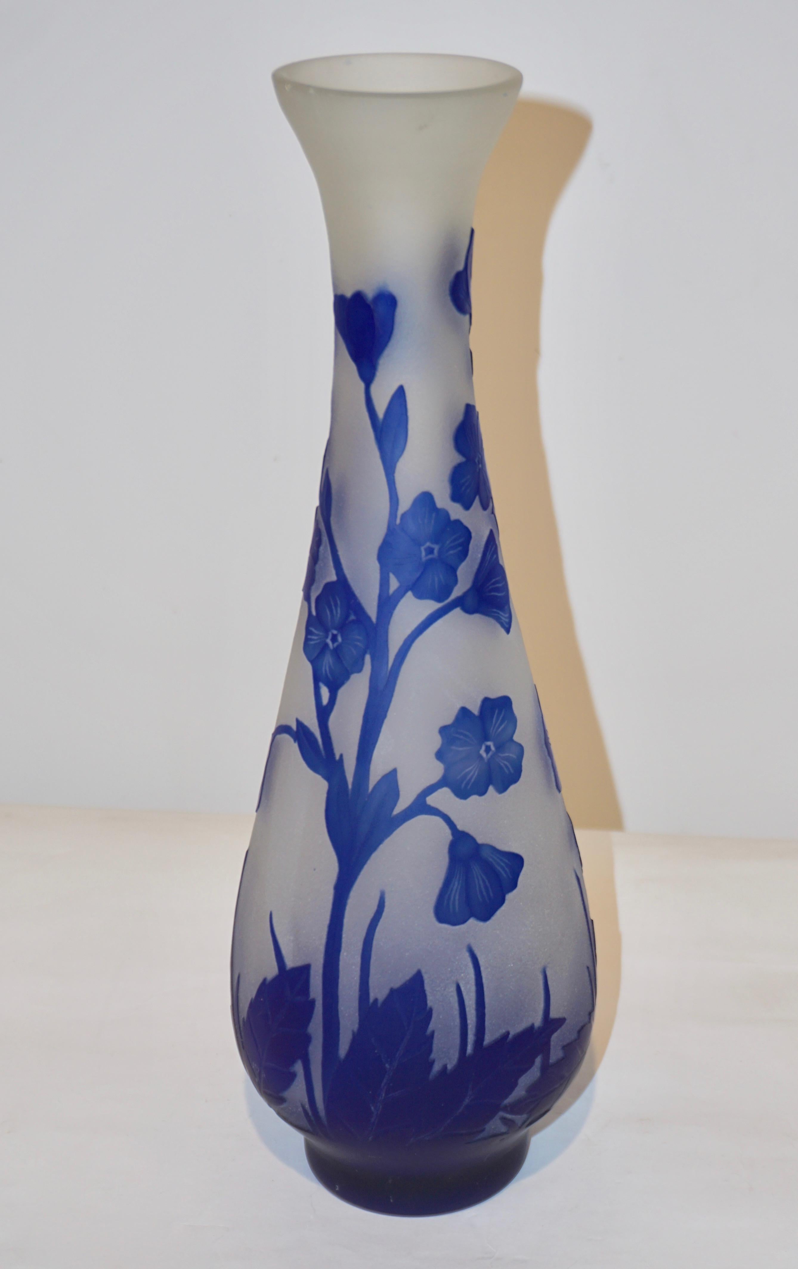 1970s very decorative tall vintage centerpiece glass vase, entirely handmade by artist Michna, handcrafted in crystal pâte de verre and exclusive Art Nouveau decor realized with the acid-etched technique: the clear pâte de verre is cased within