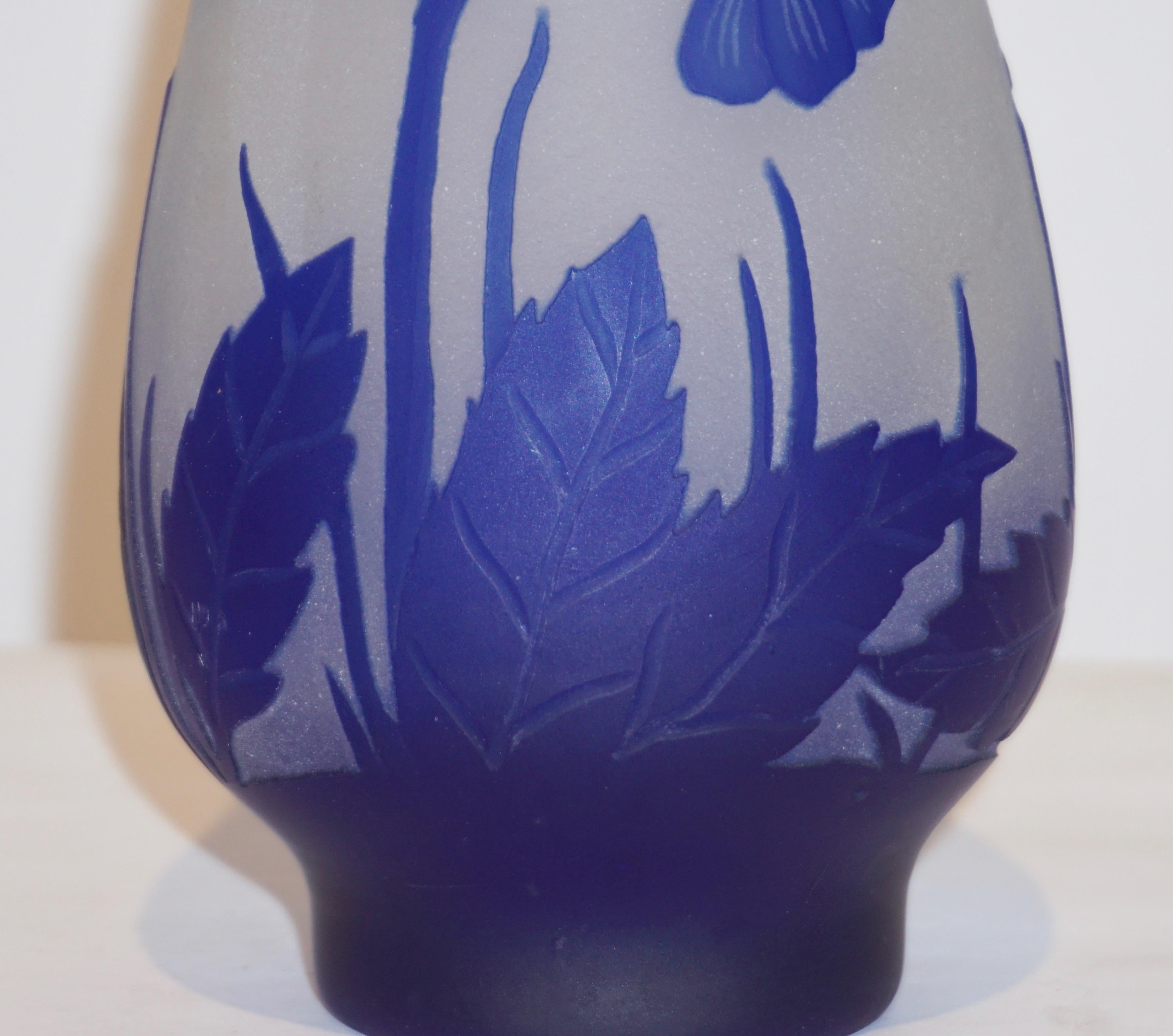 Late 20th Century 1970s Austrian Art Nouveau Style Crystal Glass Vase with Blue Flax Flowers