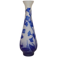 Vintage 1970s Austrian Art Nouveau Style Crystal Glass Vase with Blue Flax Flowers
