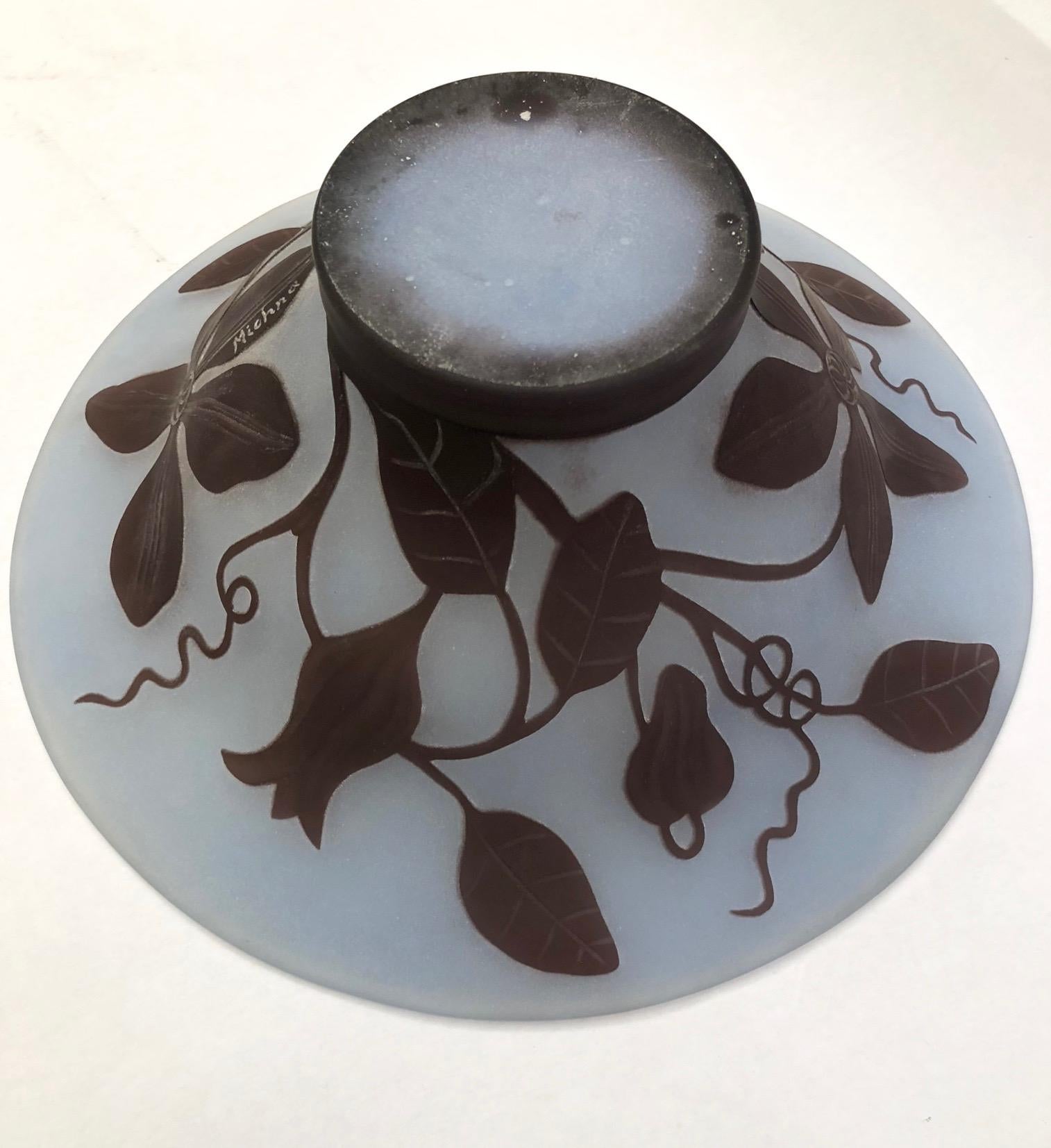 Late 20th Century 1970s Austrian Vintage Art Nouveau Style Aqua Blue Glass Bowl with Brown Flowers For Sale