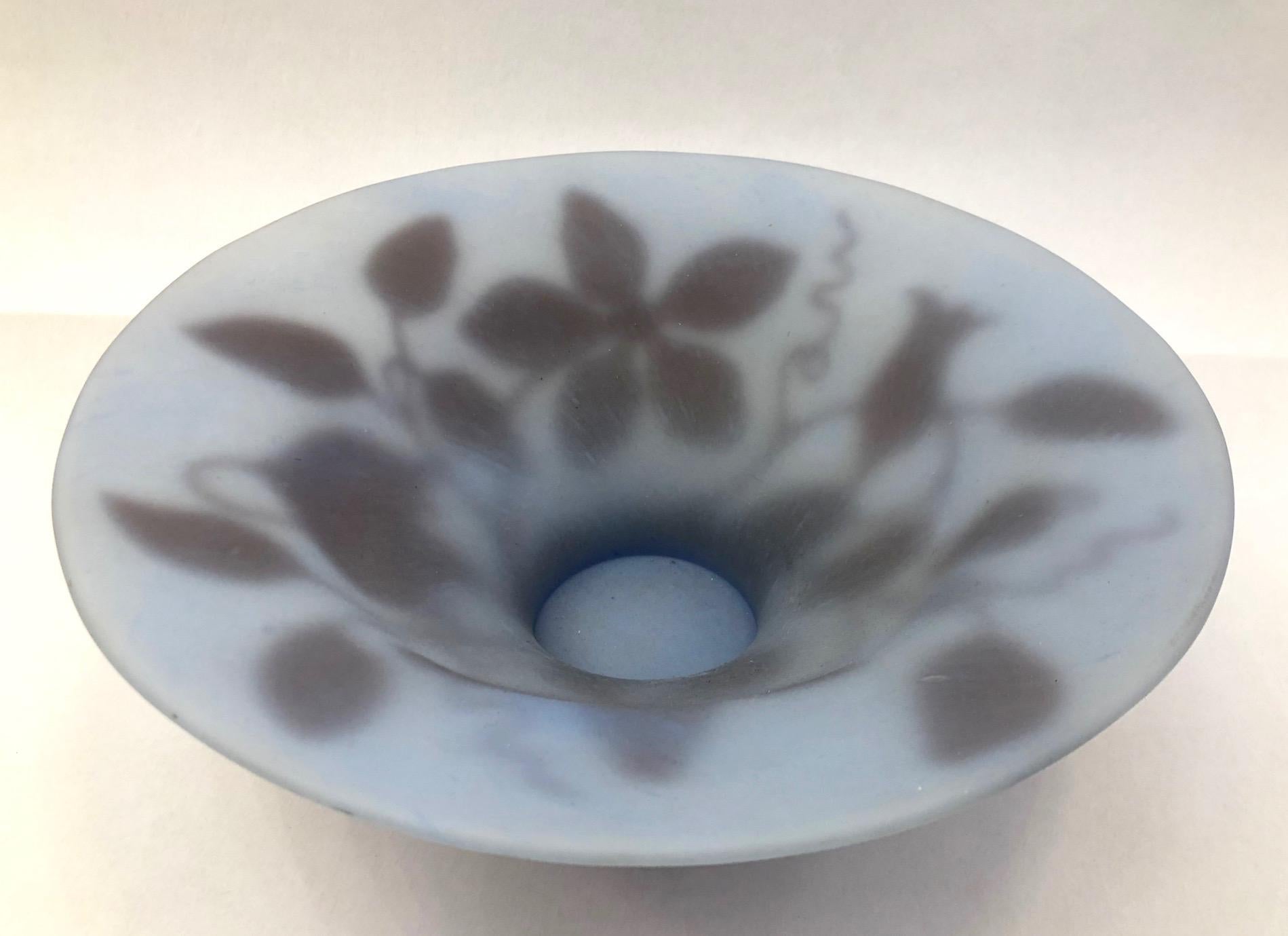 1970s Austrian Vintage Art Nouveau Style Aqua Blue Glass Bowl with Brown Flowers For Sale 1