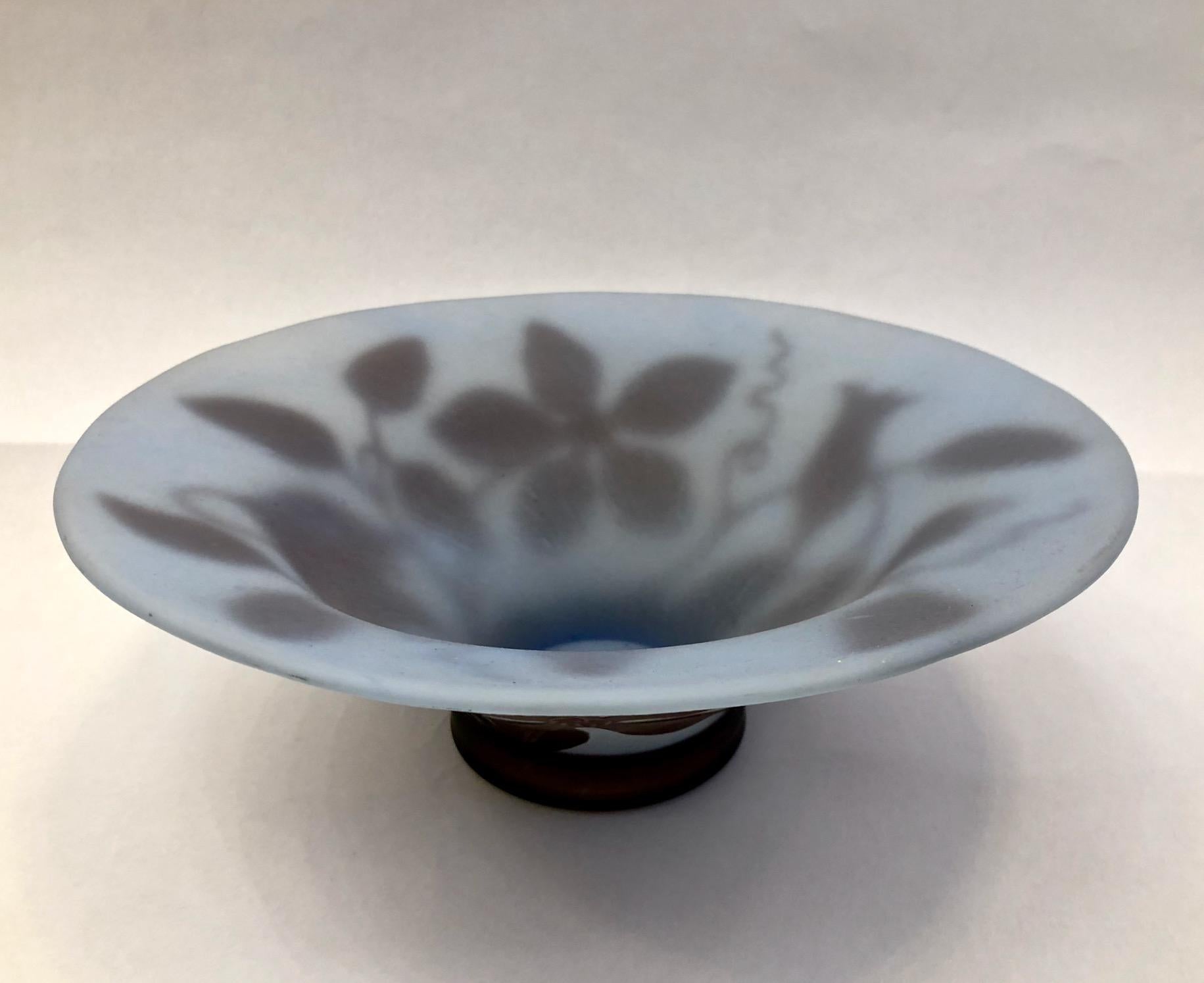 1970s Austrian Vintage Art Nouveau Style Aqua Blue Glass Bowl with Brown Flowers For Sale 2