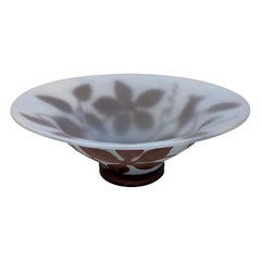 1970s Austrian Vintage Art Nouveau Style Aqua Blue Glass Bowl with Brown Flowers