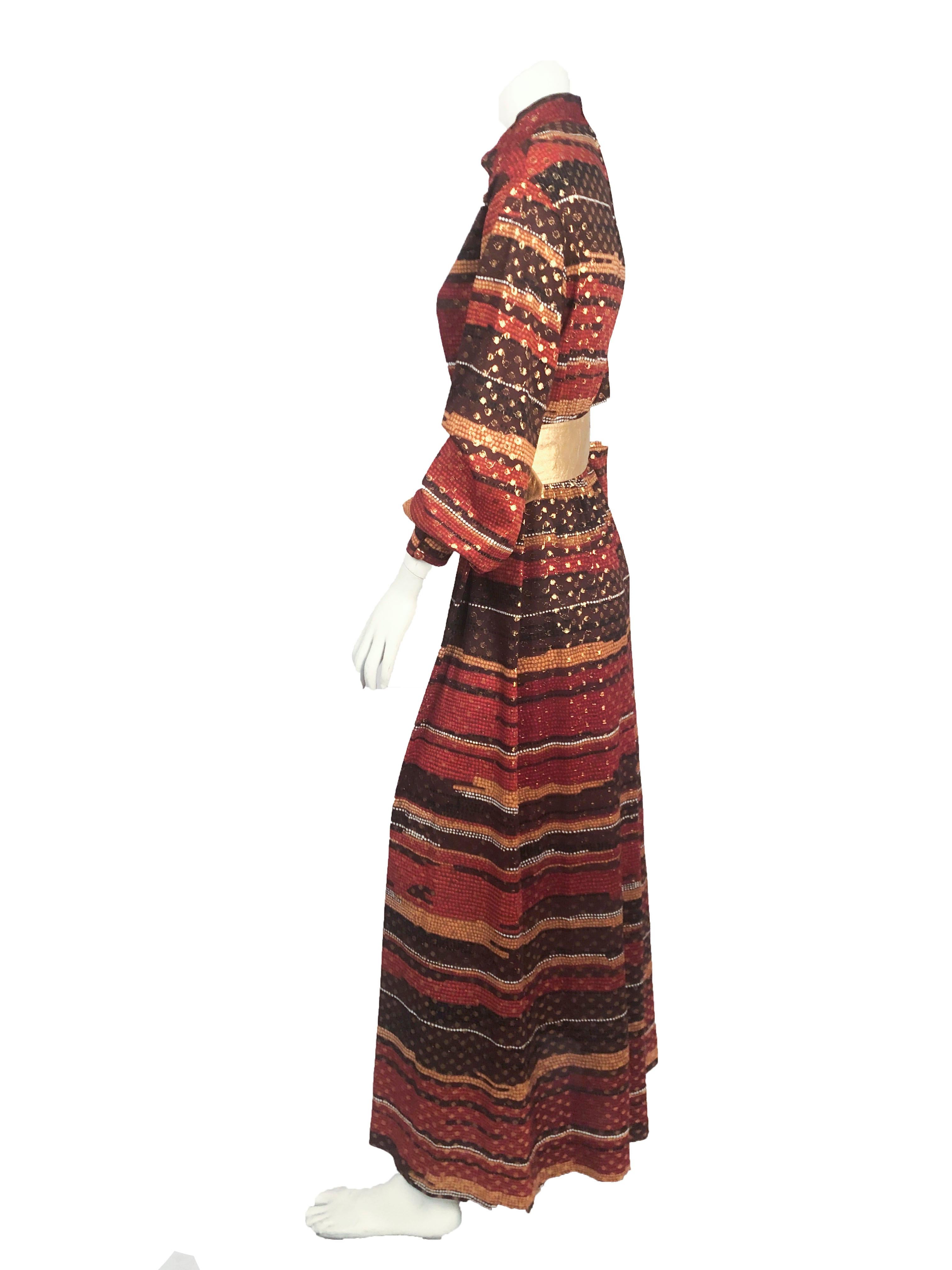 Brown 1970s Autumn Printed Dress with Lurex Dots