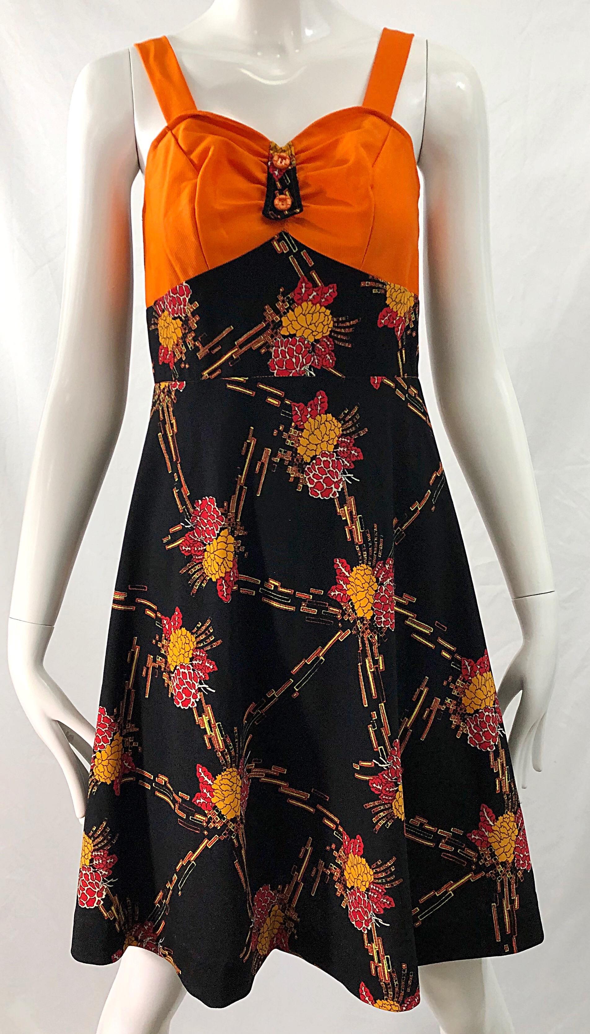 1970s Autumnal Digital Floral Print Knit Vintage 70s A Line Dress + Bolero Top For Sale 6