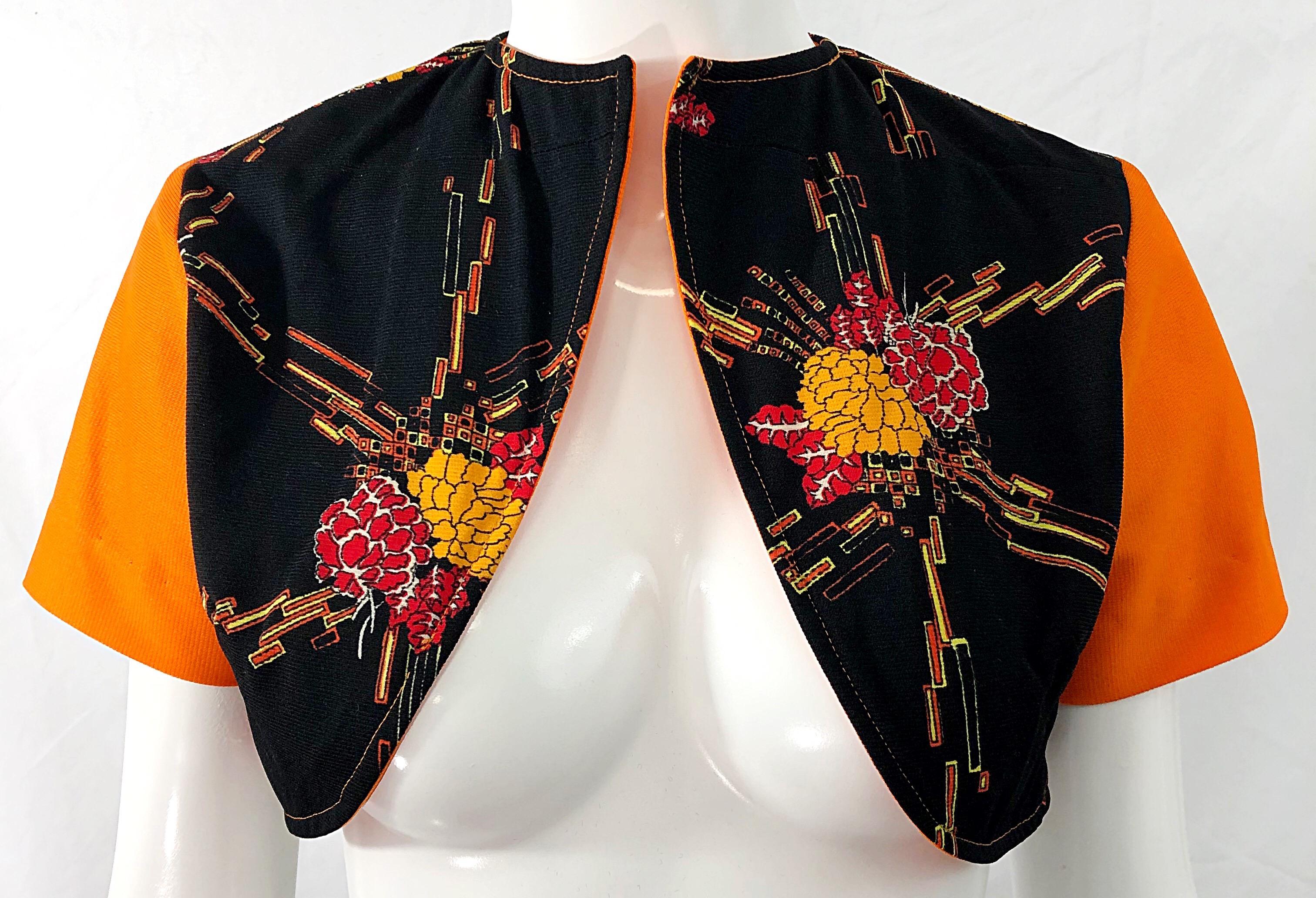 1970s Autumnal Digital Floral Print Knit Vintage 70s A Line Dress + Bolero Top For Sale 8