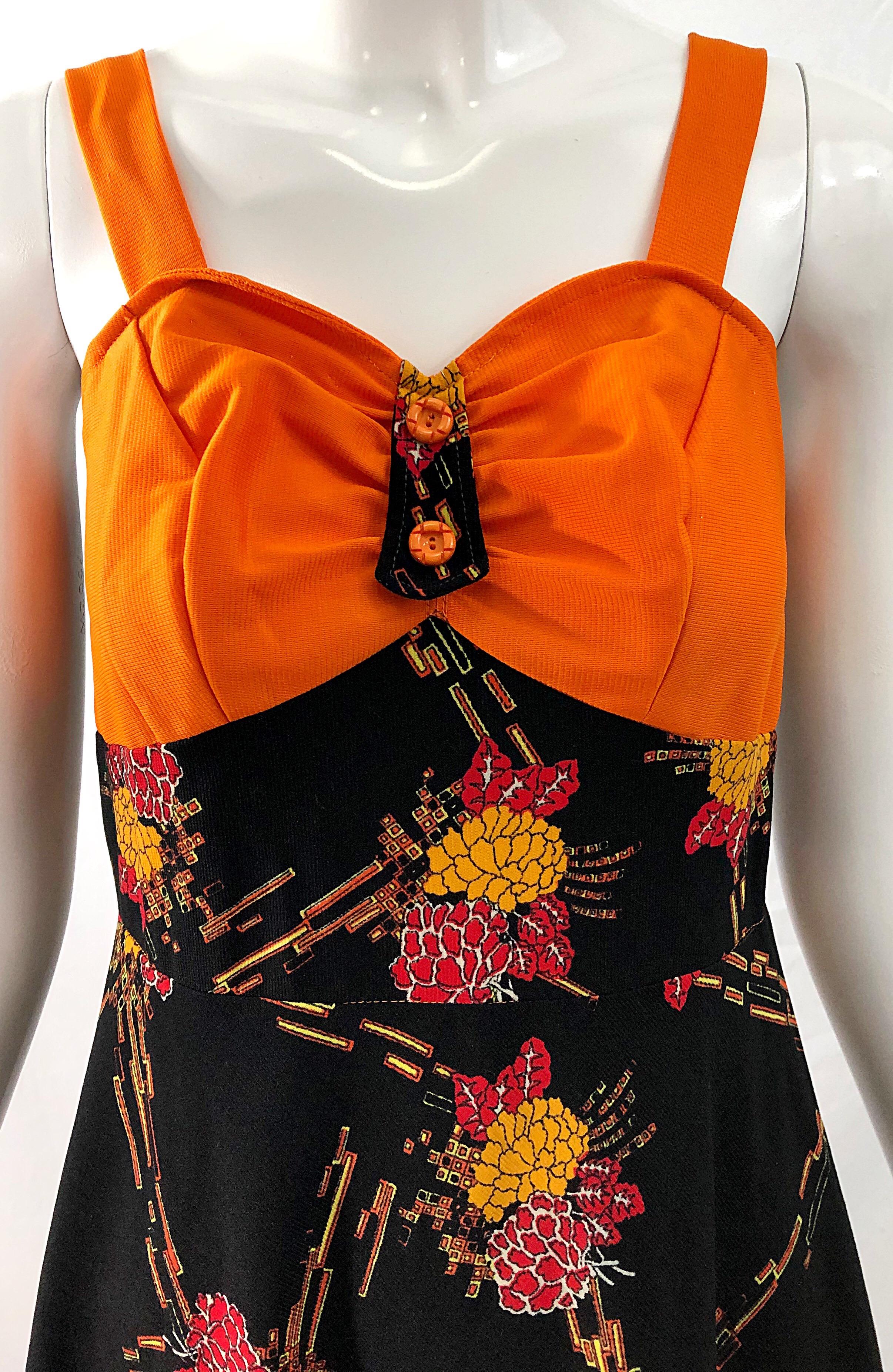 1970s Autumnal Digital Floral Print Knit Vintage 70s A Line Dress + Bolero Top For Sale 1