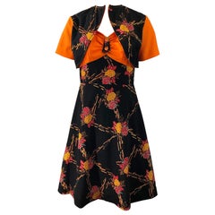 1970s Autumnal Digital Floral Print Knit Vintage 70s A Line Dress + Bolero Top