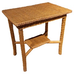 1970s Auxiliary Wicker Table with Lower Shelf