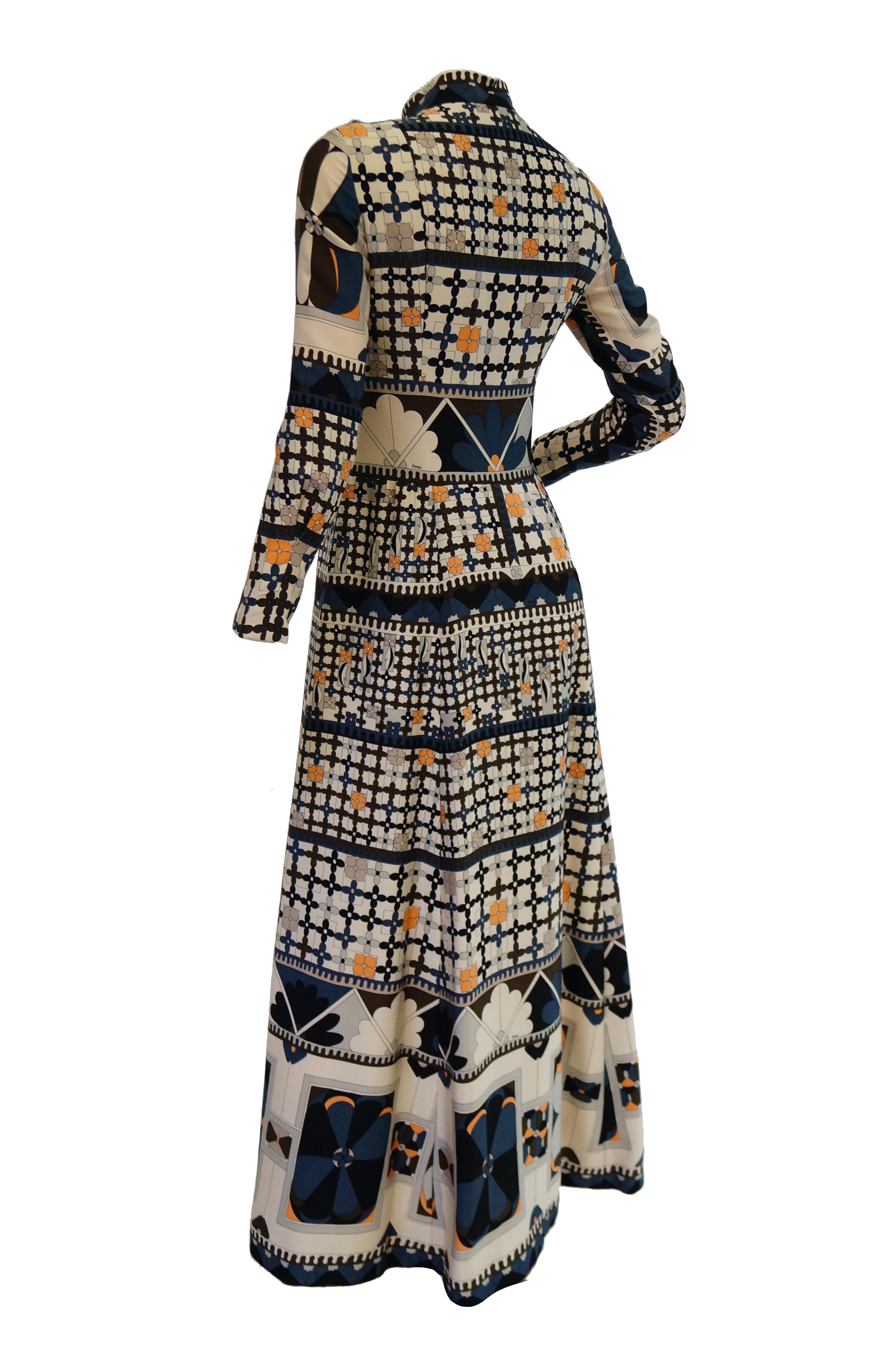 1970's Averardo Bessi Neutral Colored Silk Graphic Maxi Dress For Sale 1