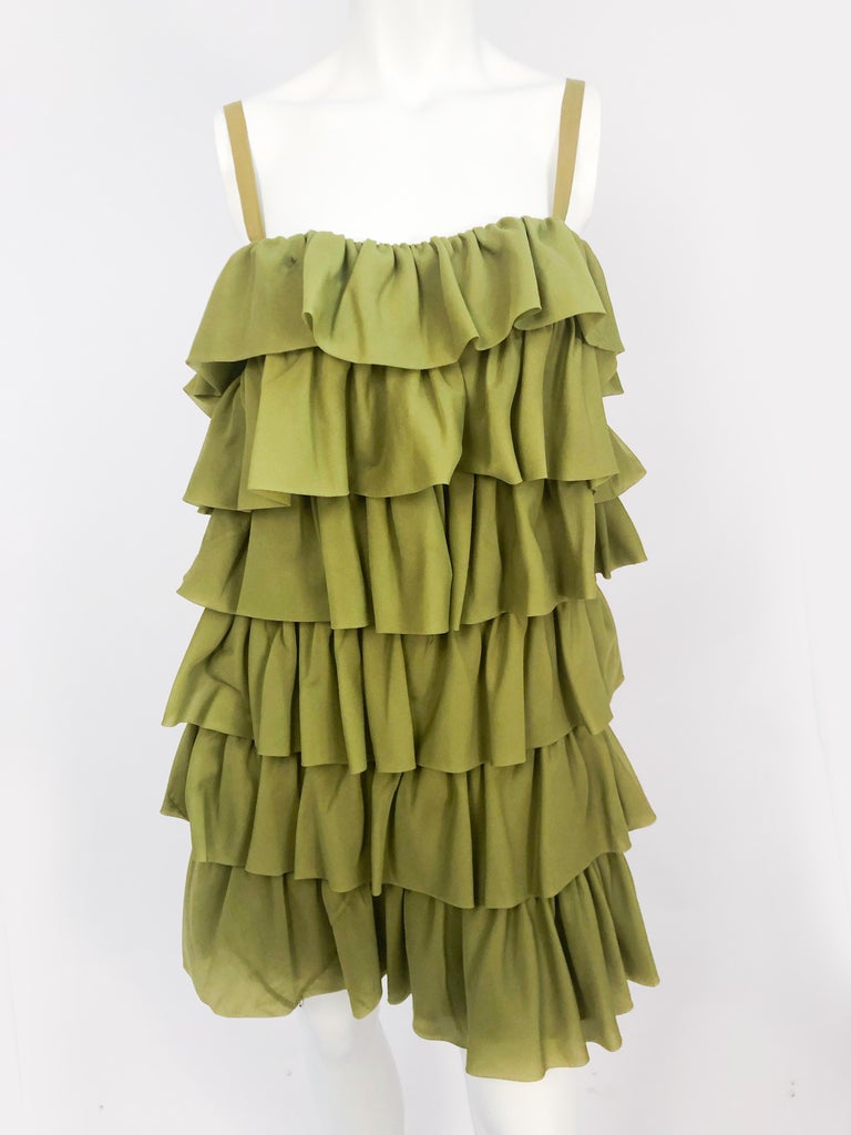 1970s Avocado Green Mini Dress with 6 layers of ruffles