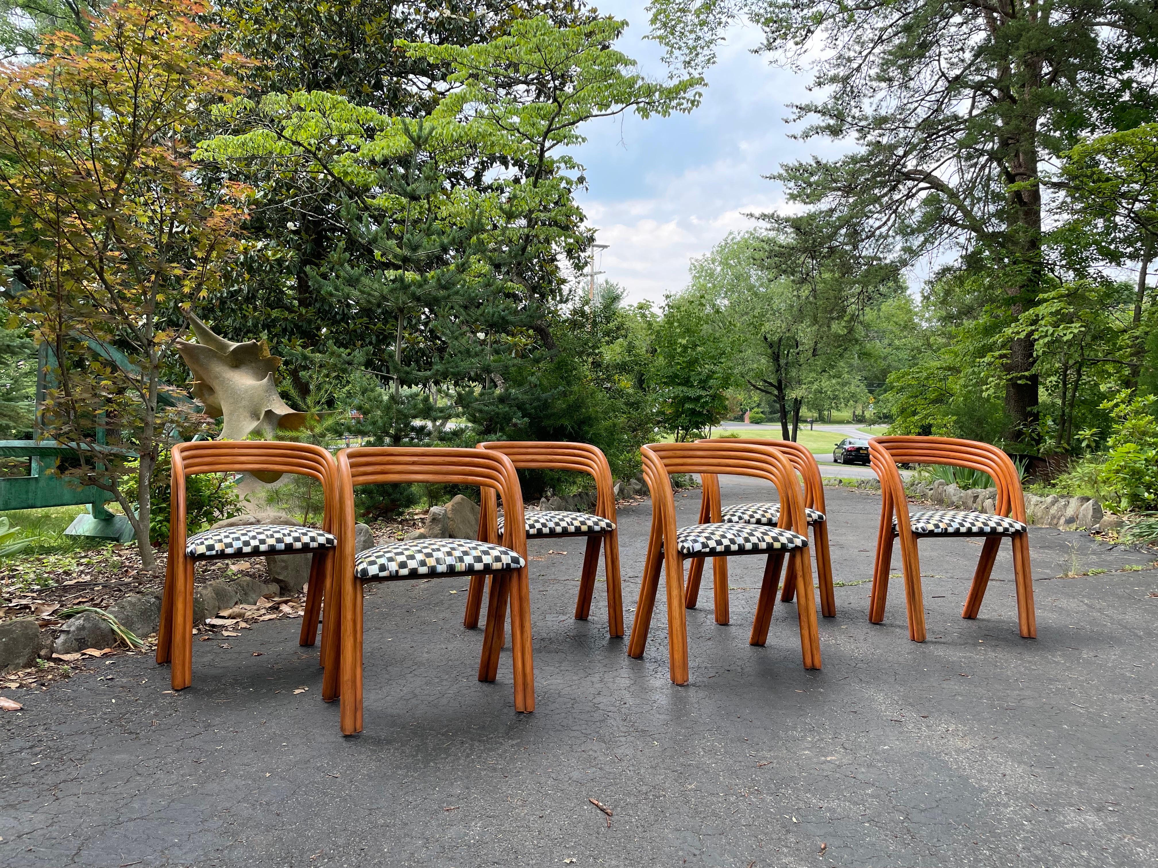 Chaises de salle à manger en rotin Axel Enthoven des années 1970, avec tissu Mackenzie Childs, ensemble de six chaises en vente 9