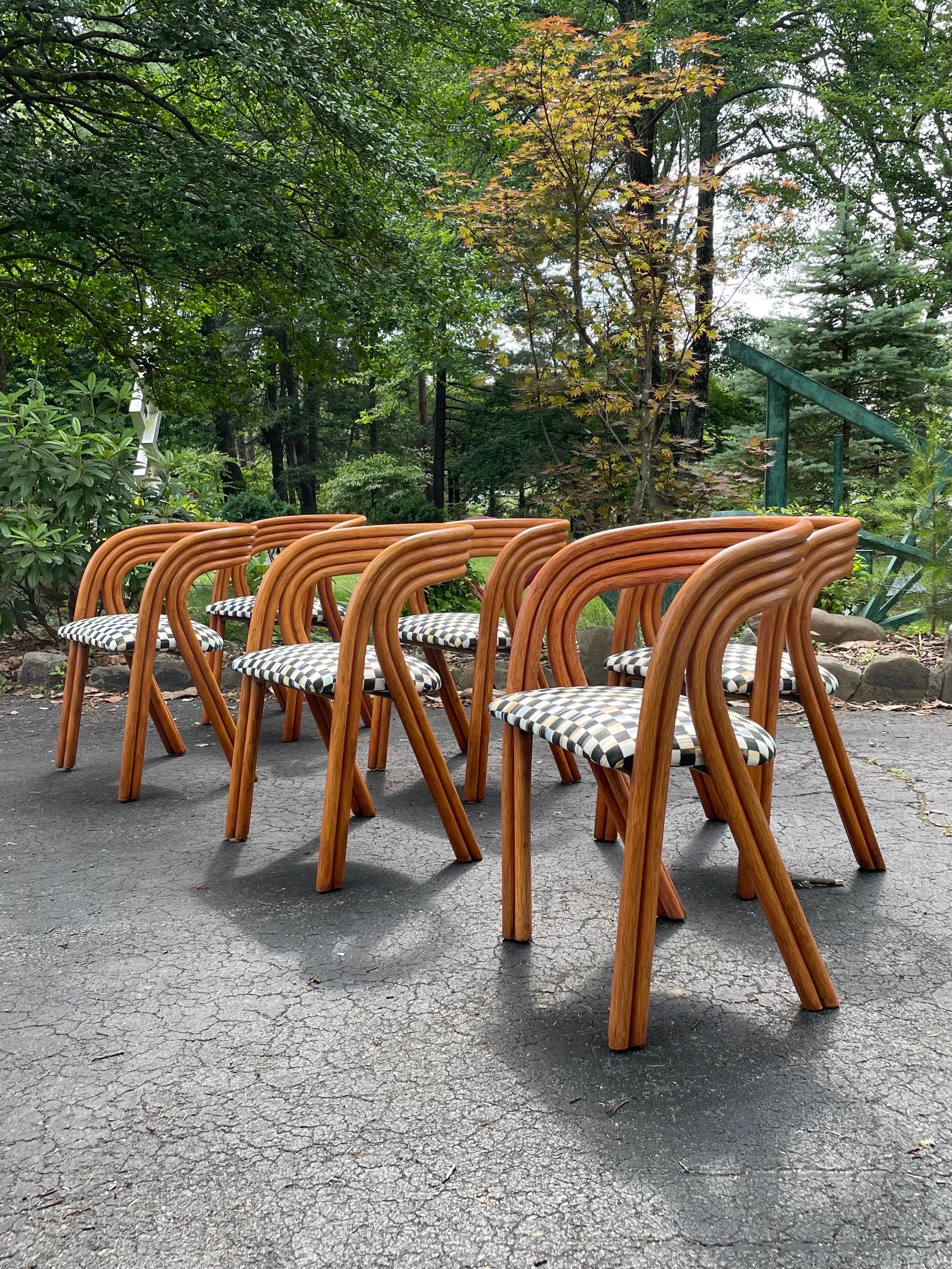 Mid-Century Modern 1970s Axel Enthoven Rattan Dining Chairs With Mackenzie Childs Fabric-Set of Six For Sale