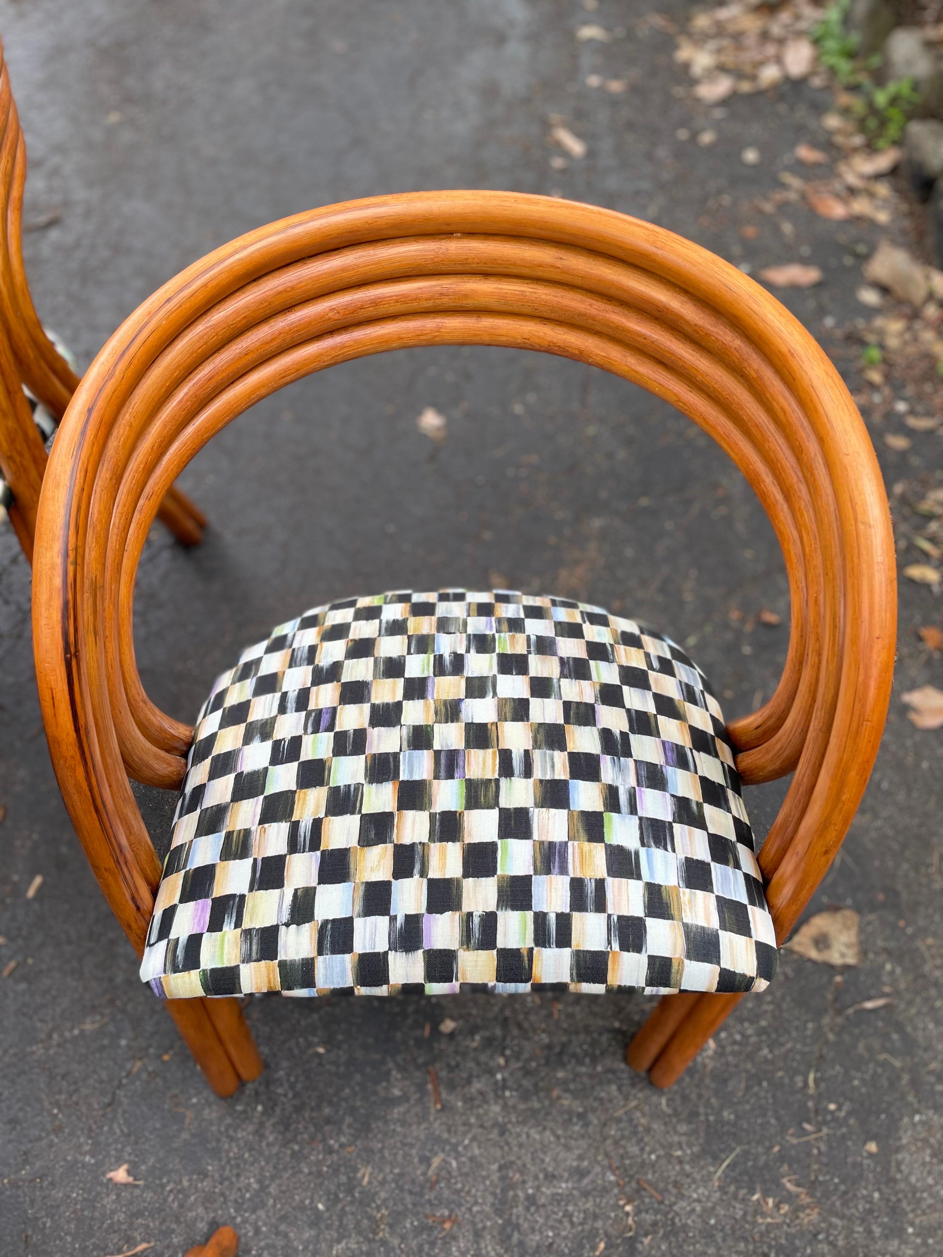 Late 20th Century 1970s Axel Enthoven Rattan Dining Chairs With Mackenzie Childs Fabric-Set of Six For Sale