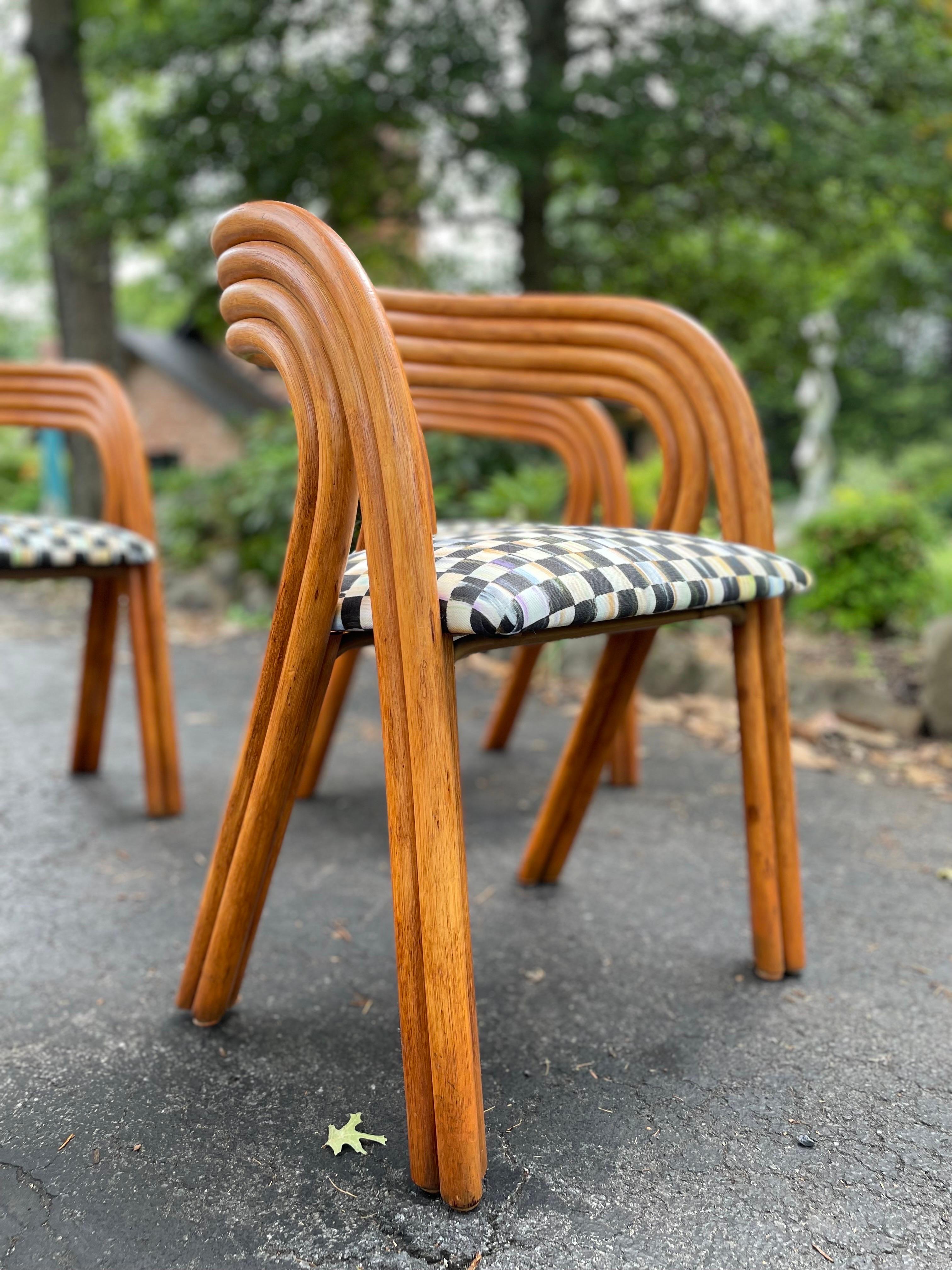 Textile 1970s Axel Enthoven Rattan Dining Chairs With Mackenzie Childs Fabric-Set of Six For Sale
