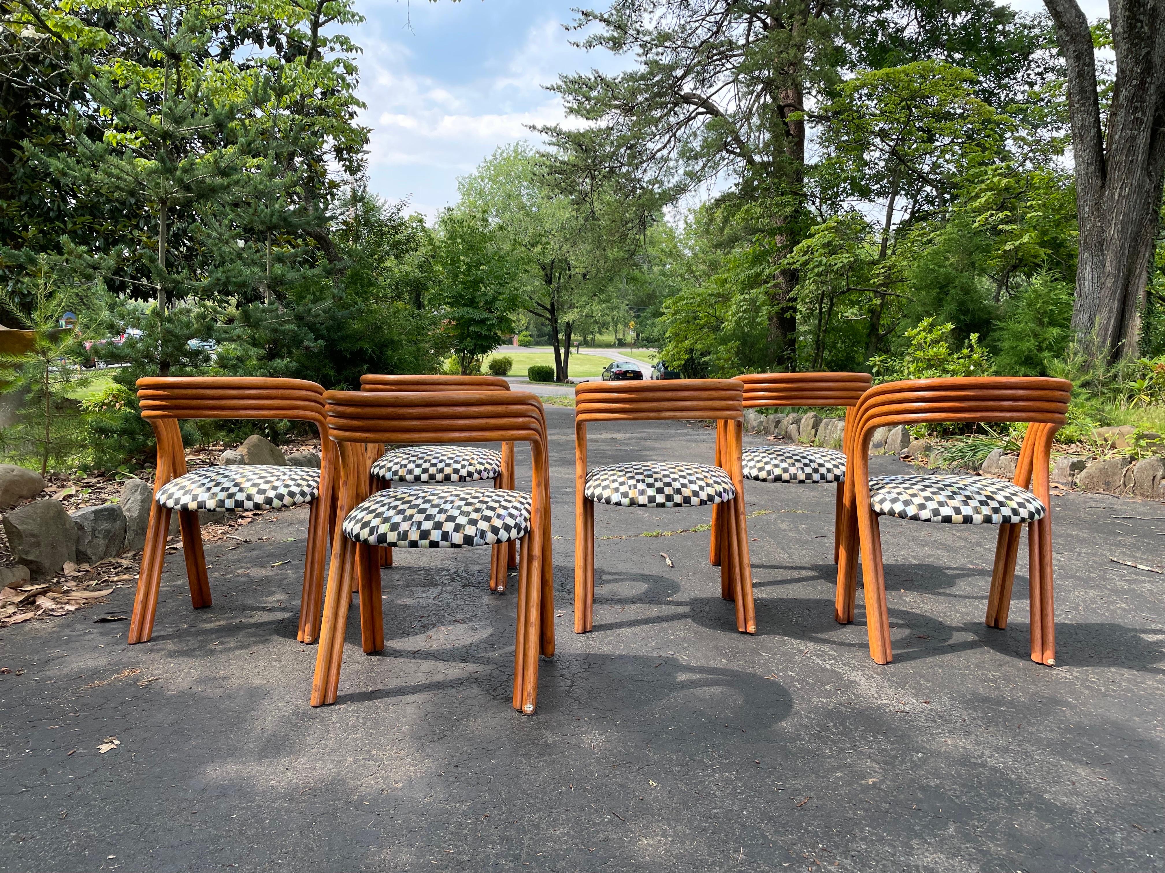 1970s Axel Enthoven Rattan Dining Chairs With Mackenzie Childs Fabric-Set of Six For Sale 1