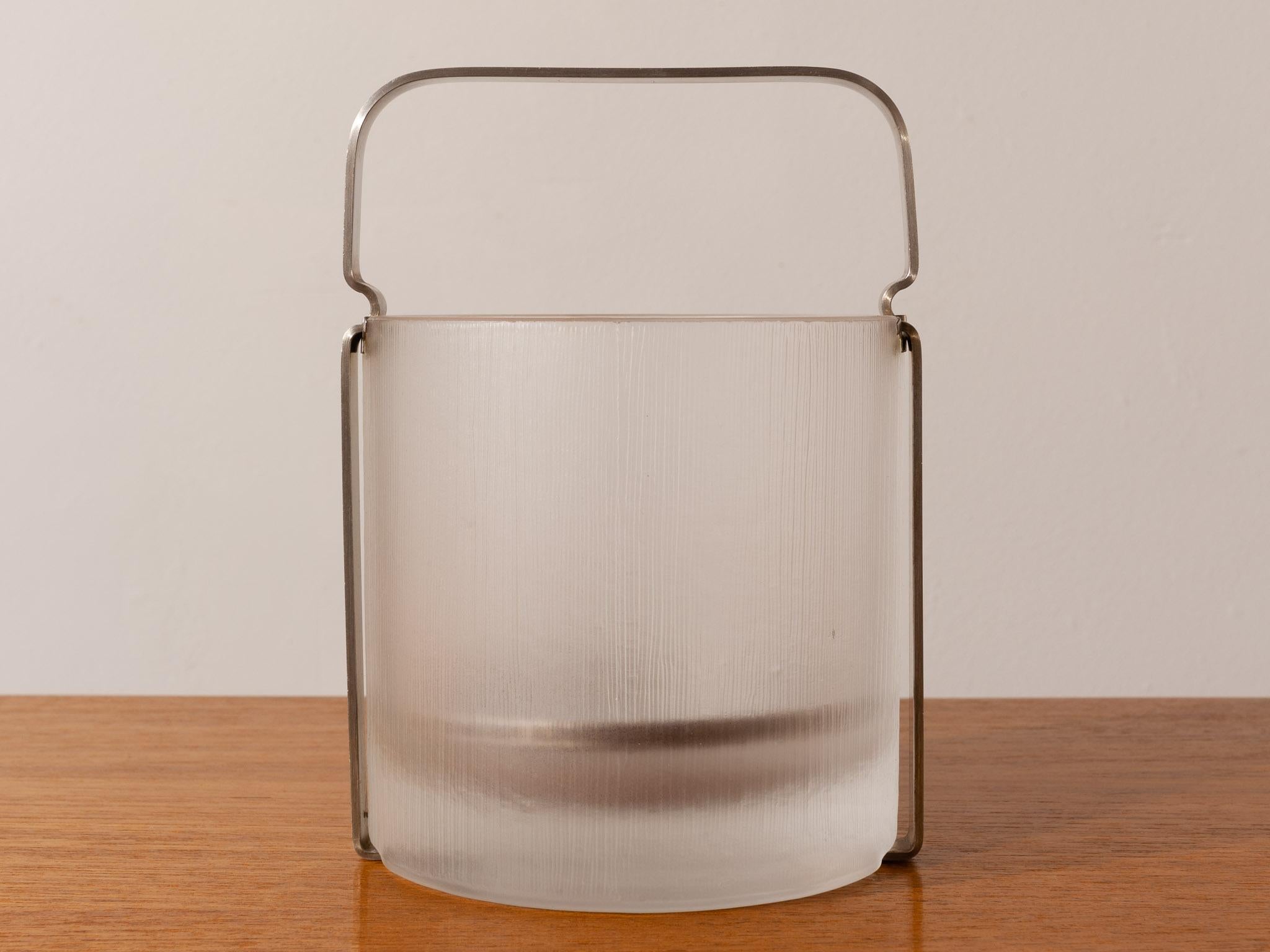 Brushed 1970s Azteca Frosted Ridged & Waved Crystal Glass Ice Bucket by Fabio Frontini