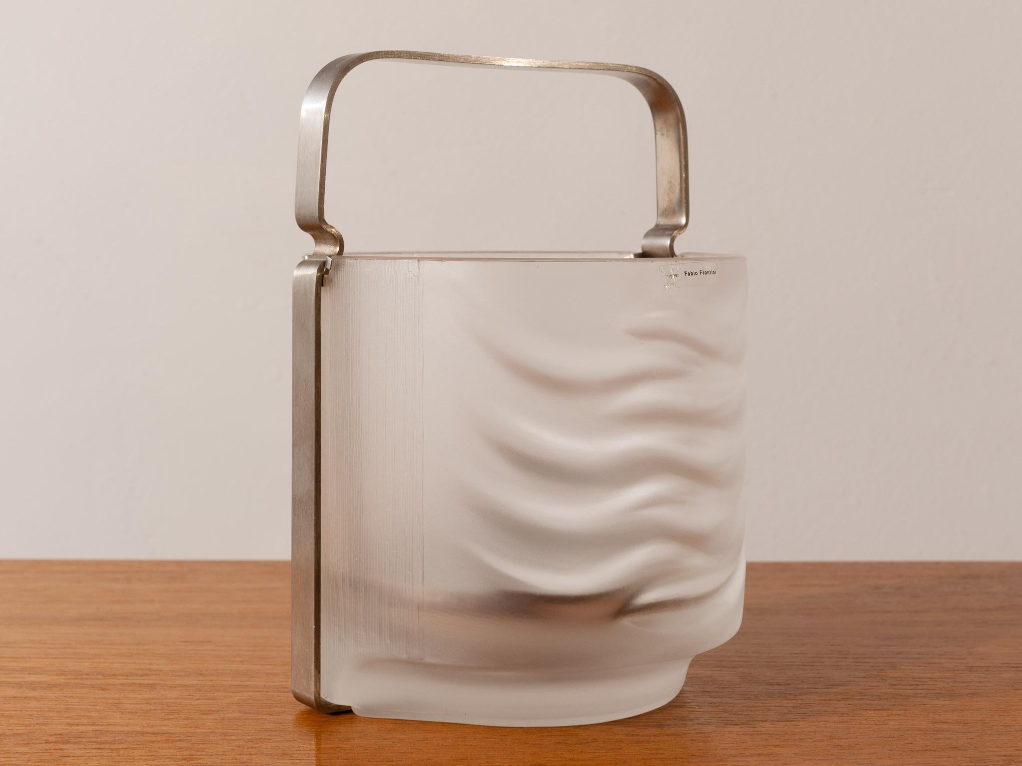 Steel 1970s Azteca Frosted Ridged & Waved Crystal Glass Ice Bucket by Fabio Frontini