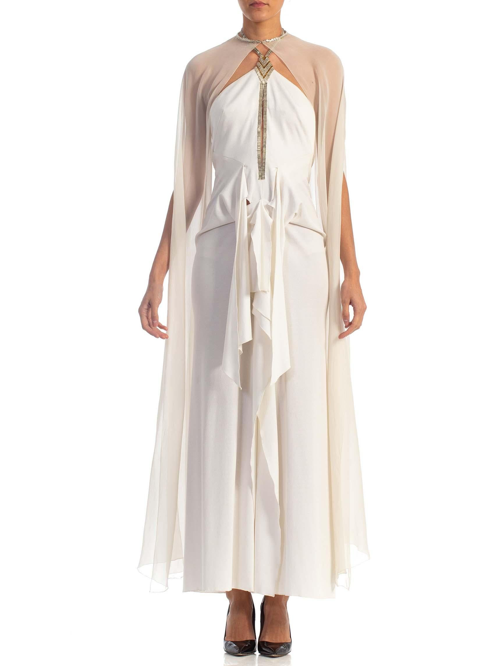 1970S AZZARO White Beaded Jersey Backless Halter Neck Disco Gown With Silk Chiffon Cape