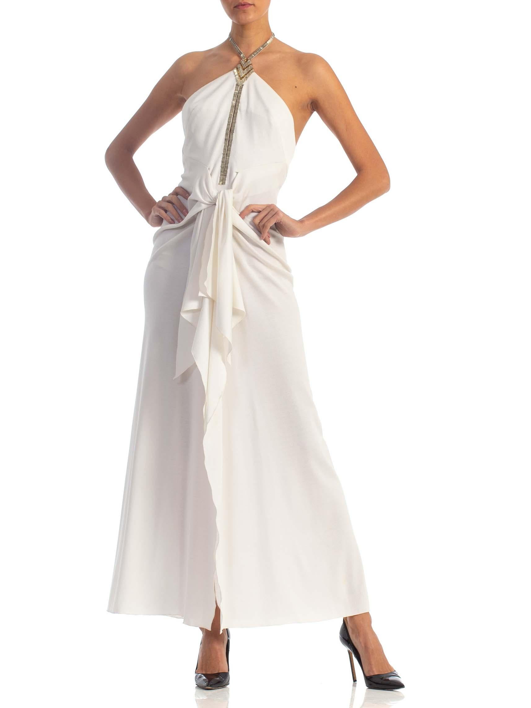 Women's 1970S AZZARO White Beaded Jersey Backless Halter Neck Disco Gown With Silk Chif