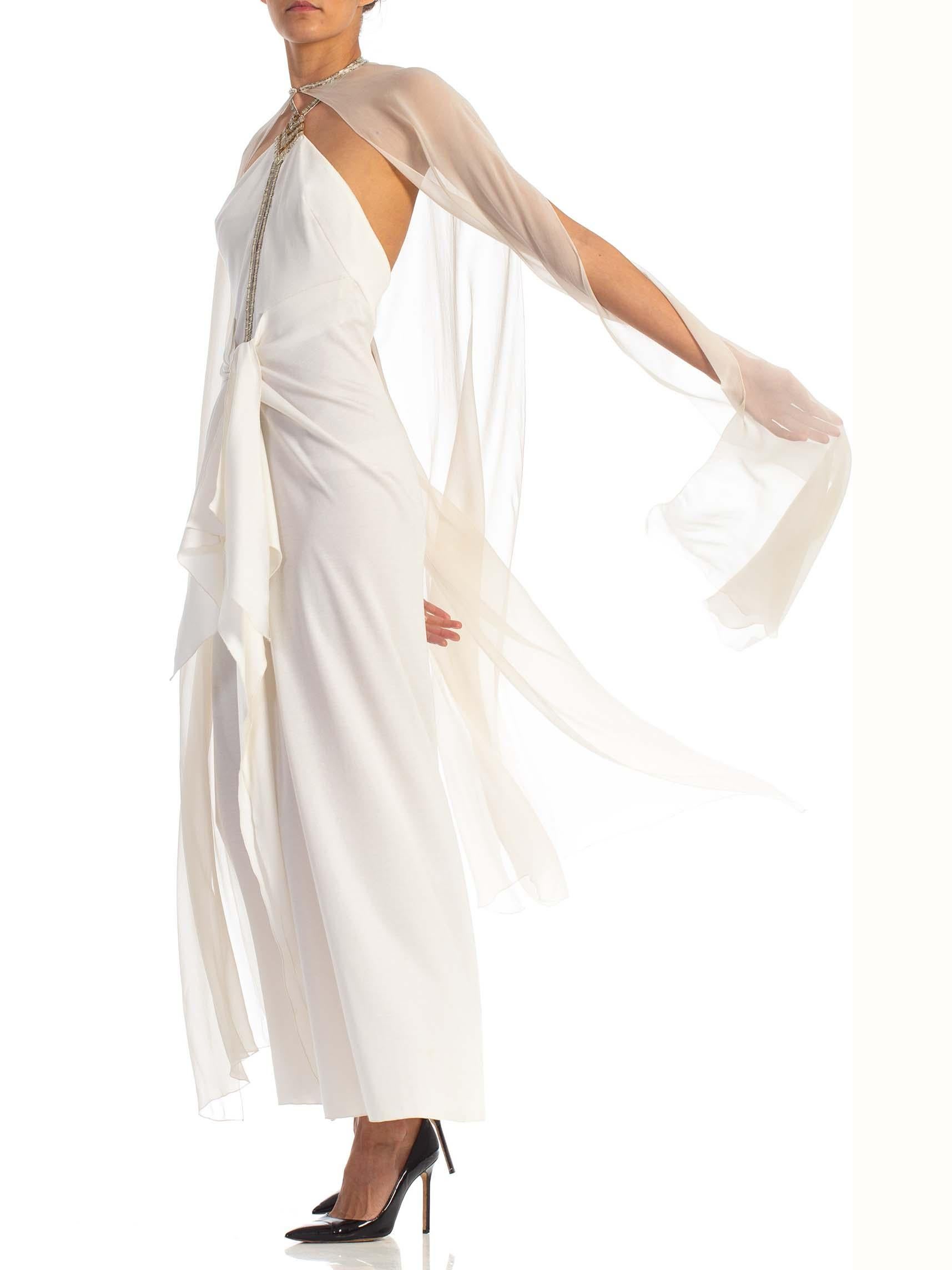 1970S AZZARO White Beaded Jersey Backless Halter Neck Disco Gown With Silk Chif 1