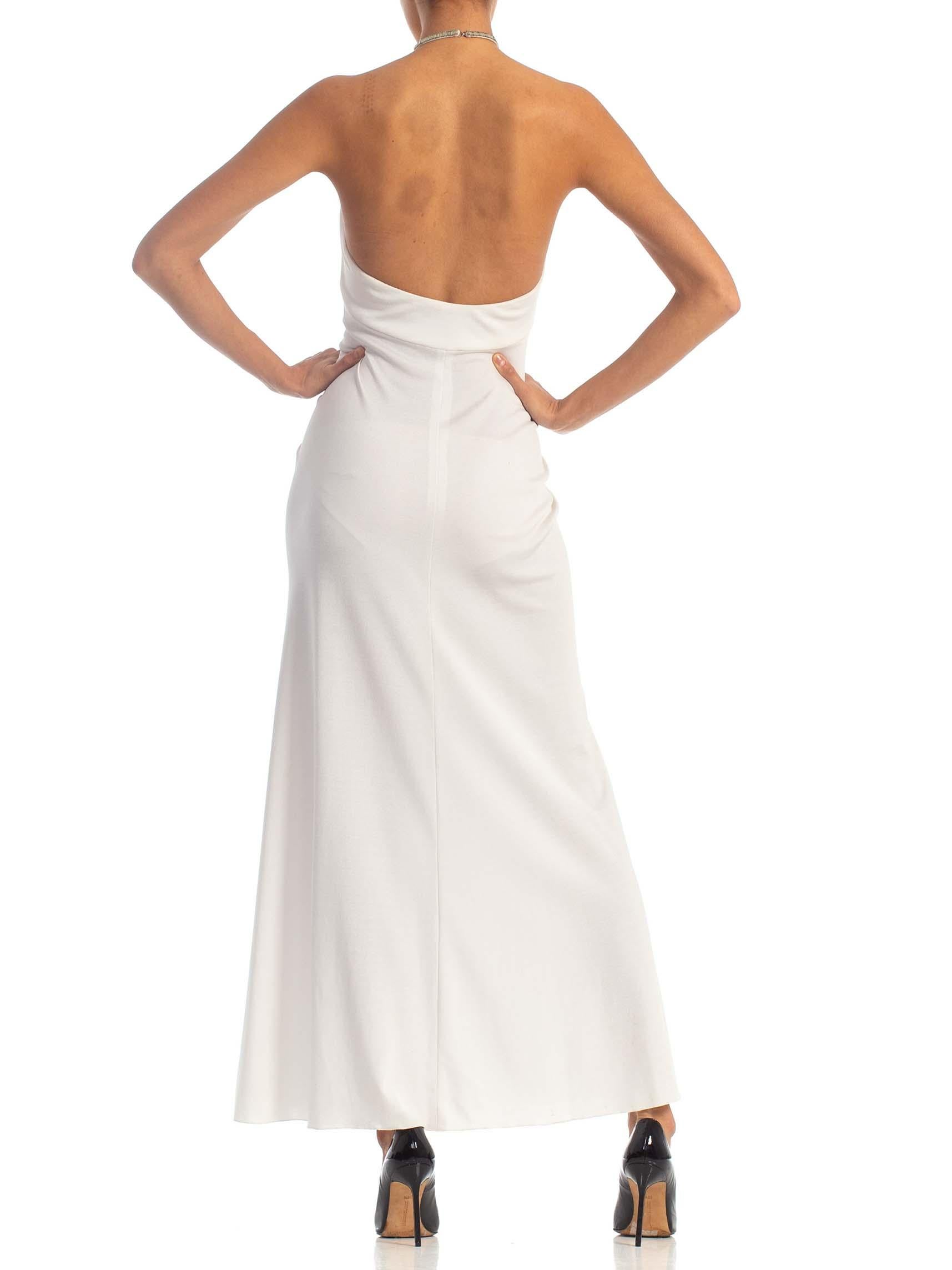 1970S AZZARO White Beaded Jersey Backless Halter Neck Disco Gown With Silk Chif 3