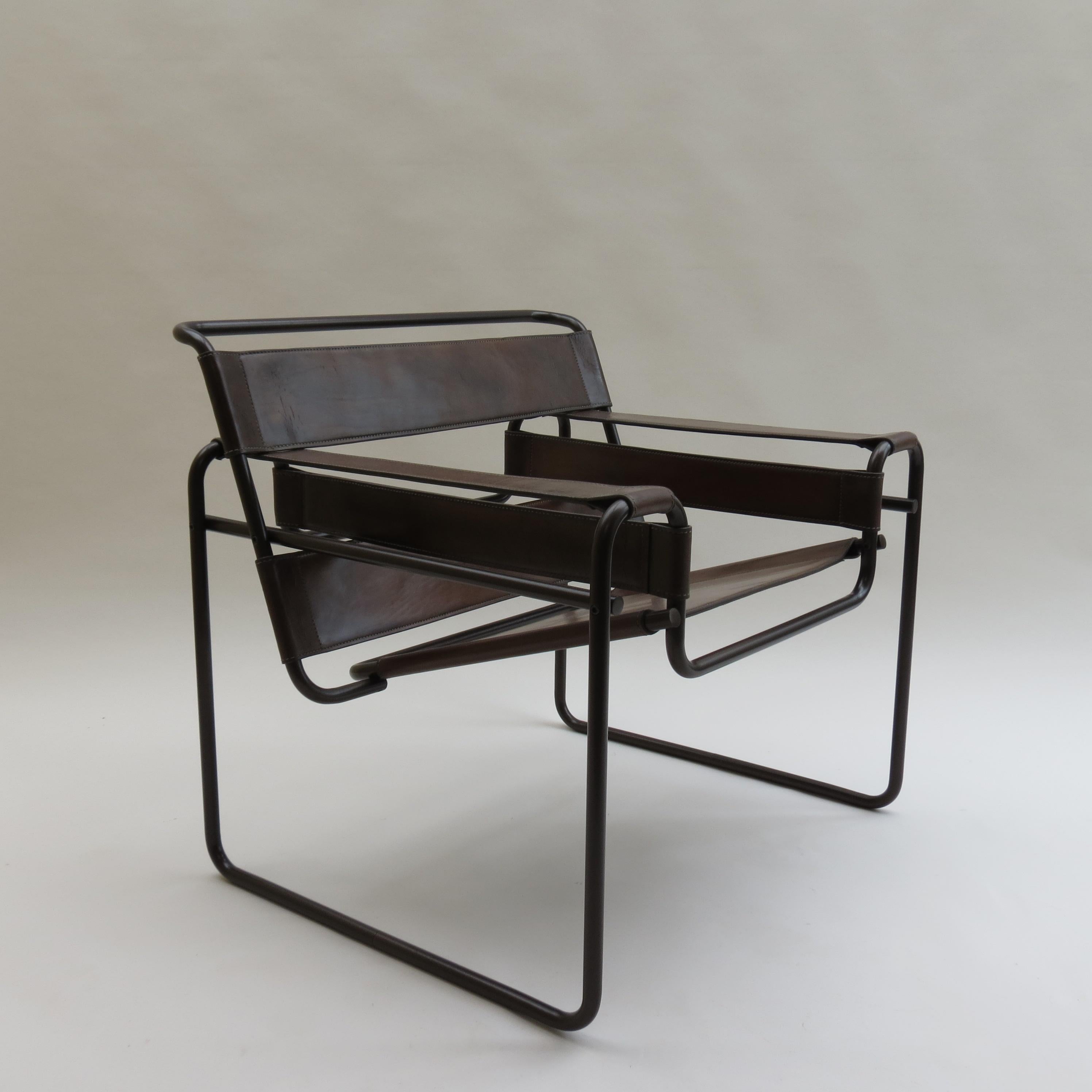 Italian 1970s B3 Wassily Chair Brown Leather Marcel Breuer for Fasem, Italy, Bauhaus B
