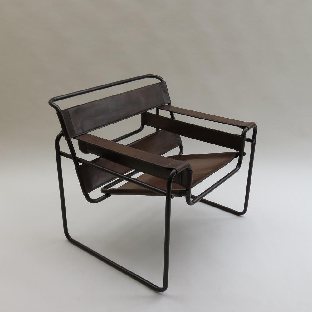 Machine-Made 1970s B3 Wassily Chair Brown Leather Marcel Breuer for Fasem, Italy, Bauhaus B