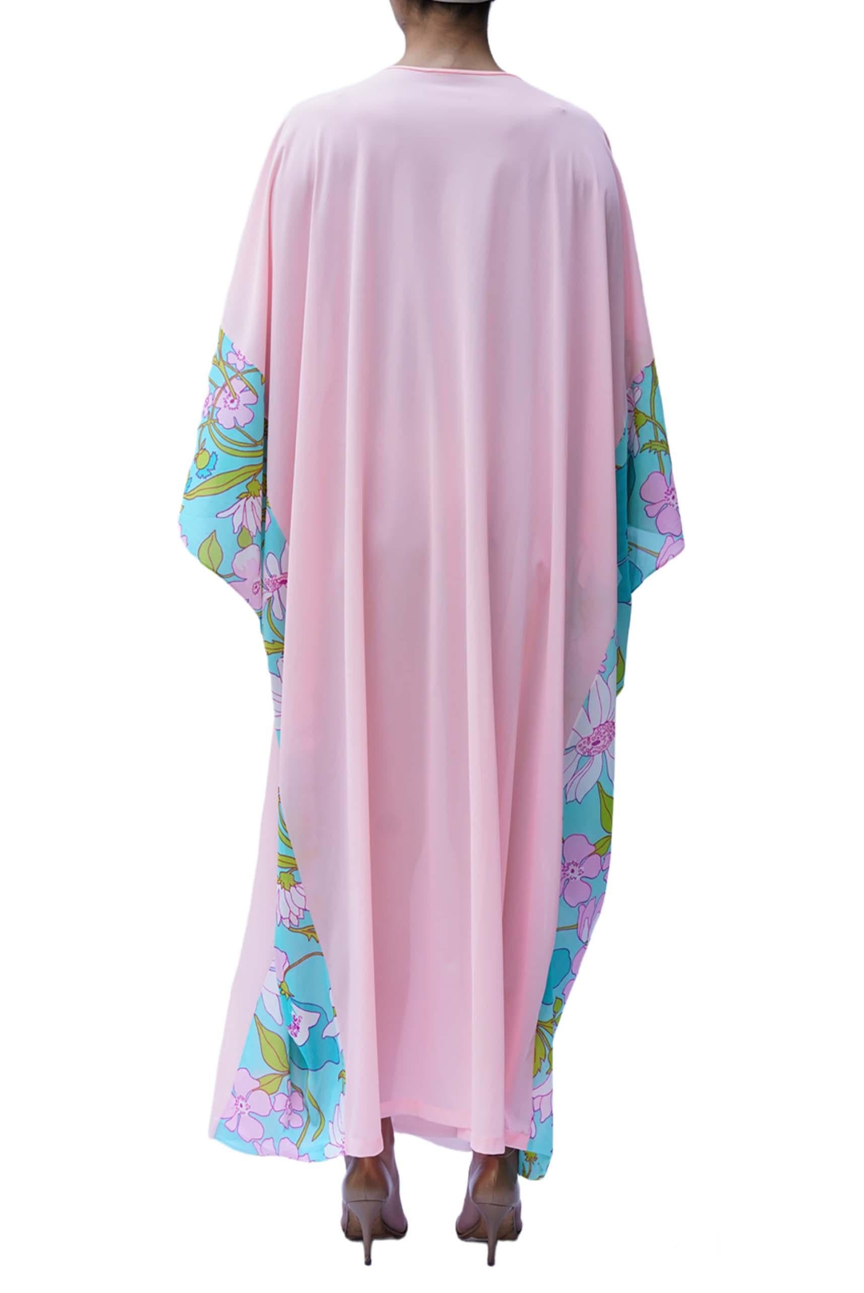 Women's 1970S Baby Pink & Teal Floral Trim Poly Kaftan For Sale