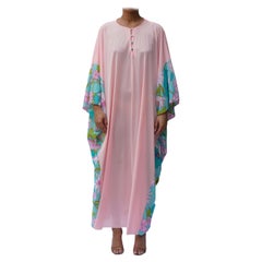 Vintage 1970S Baby Pink & Teal Floral Trim Poly Kaftan