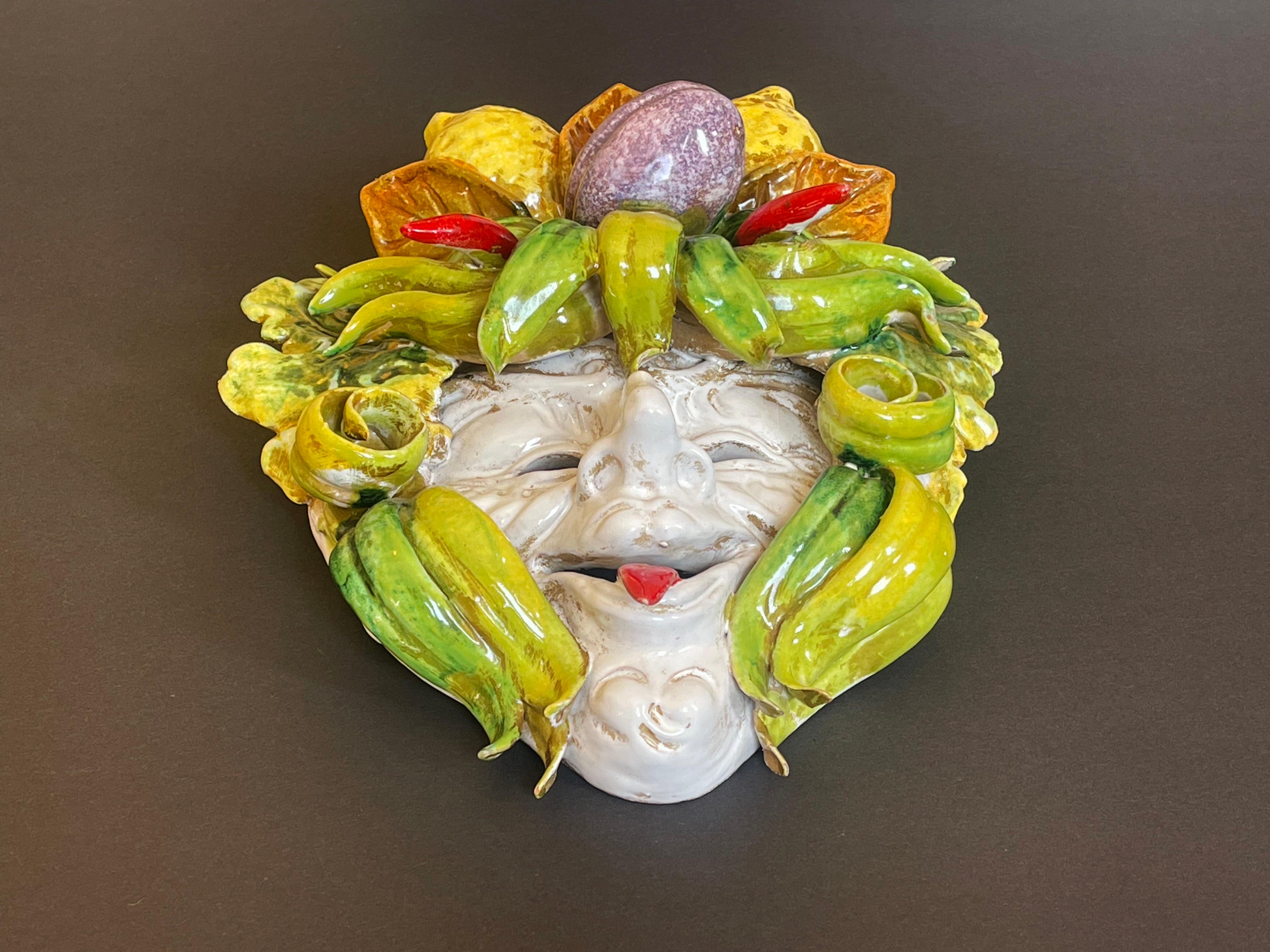 Baroque 1970s Bacchus as Harvest Jester Ceramic Mask Majolica Ceramiche Artistice, Italy For Sale