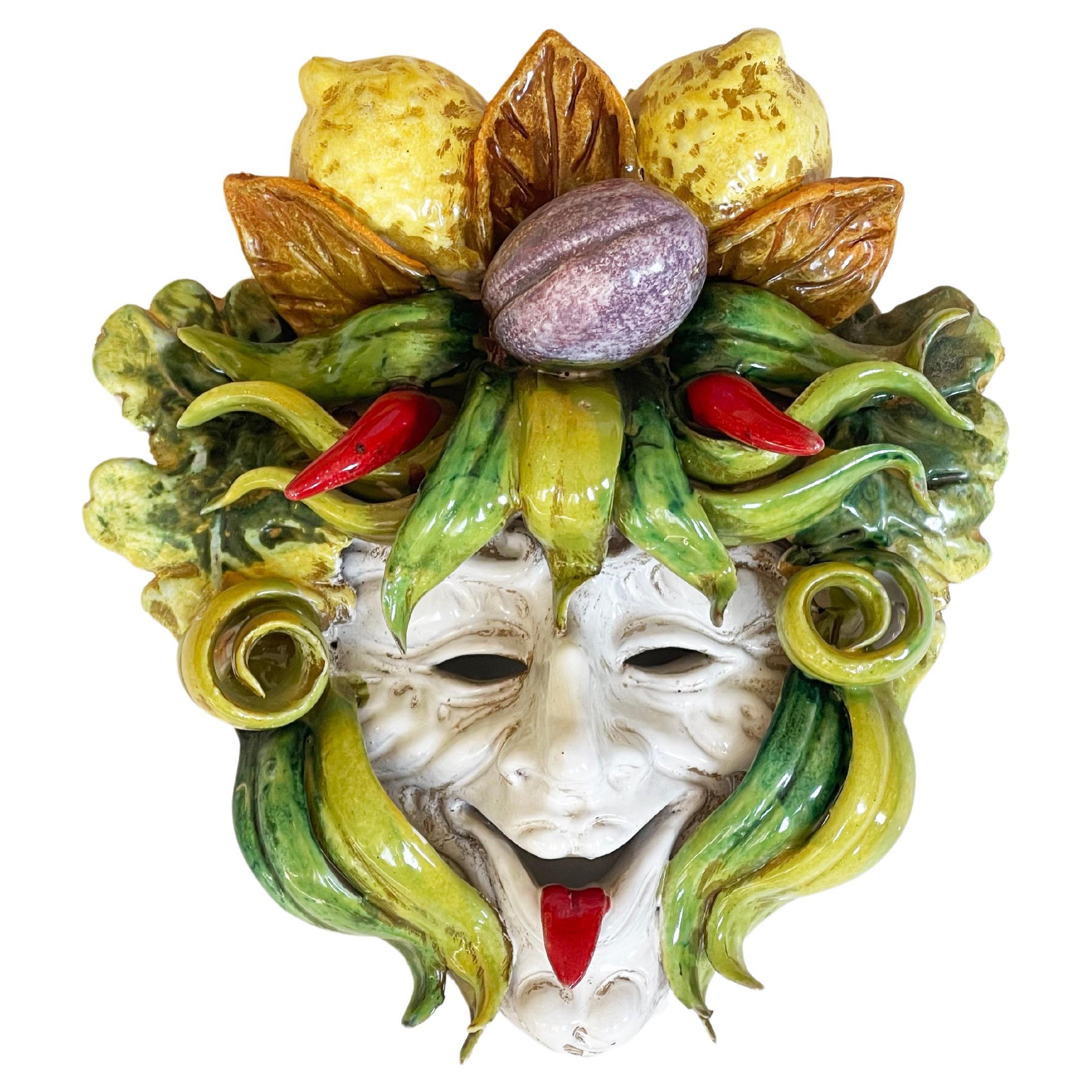 1970s Bacchus as Harvest Jester Ceramic Mask Majolica Ceramiche Artistice, Italy For Sale