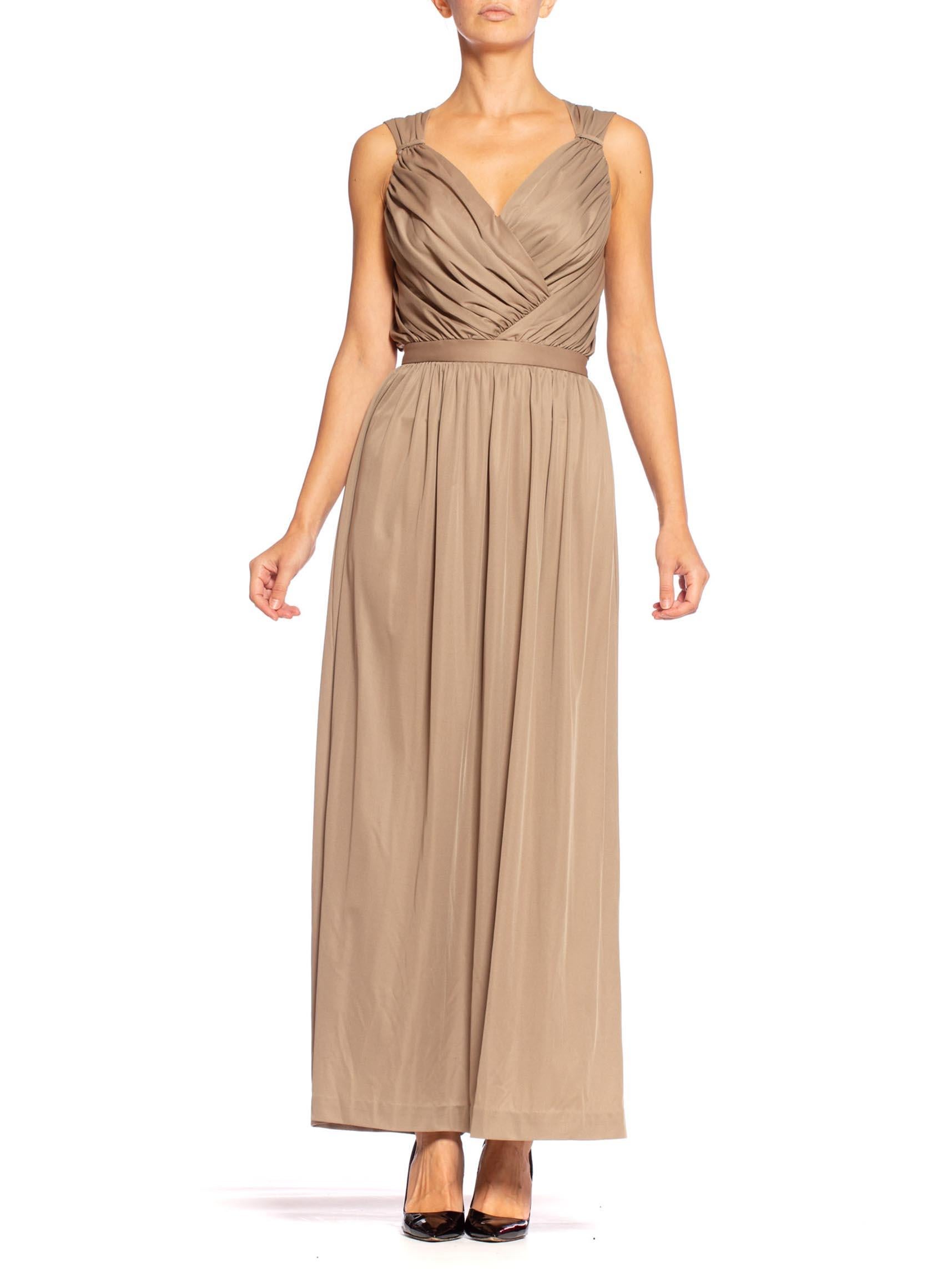Beige 1970'S Ecru Polyester Jersey Backless Draped Disco Gown For Sale