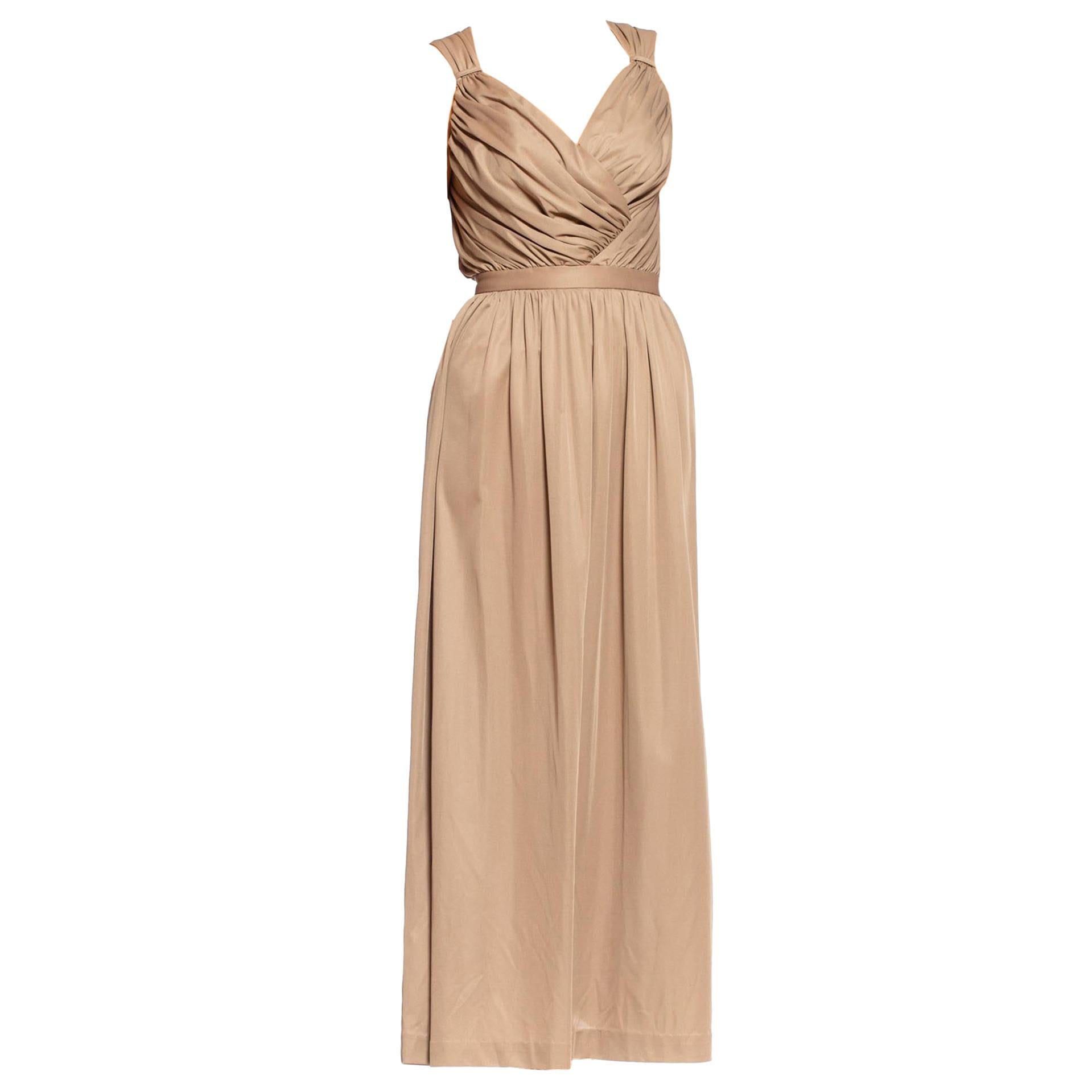 1970'S Ecru Polyester Jersey Backless Draped Disco Gown For Sale