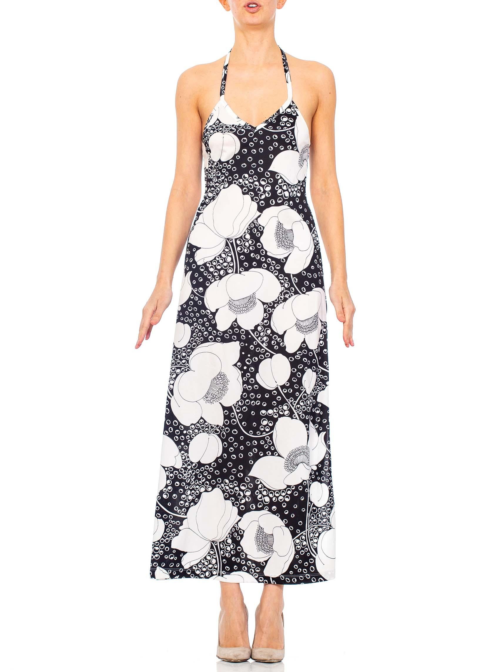 1970'S Black & White Polyester Jersey Floral Print Backless Halter Dress With Slit