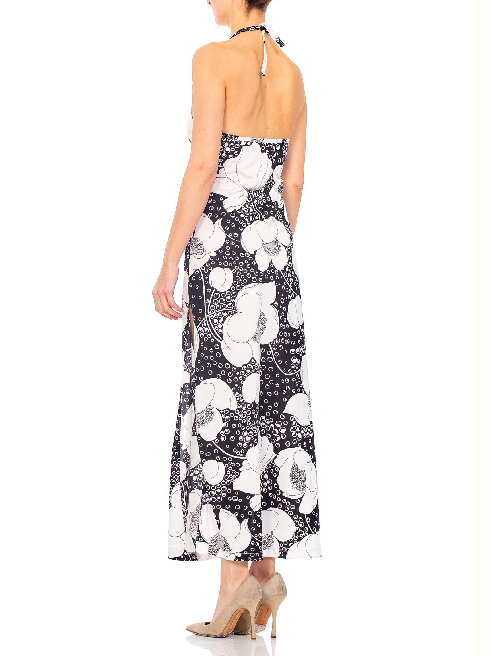 Women's 1970'S Black & White Polyester Jersey Floral Print Backless Halter Dress With S
